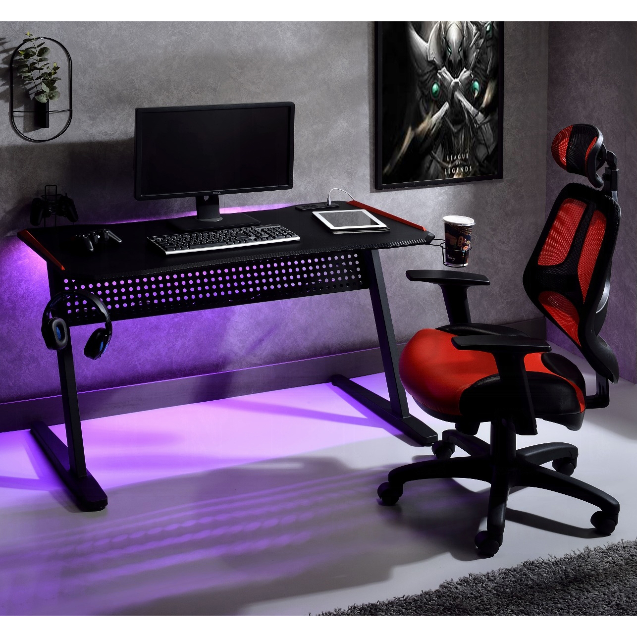 Black and Red Gaming Desk with LED Light and USB Port