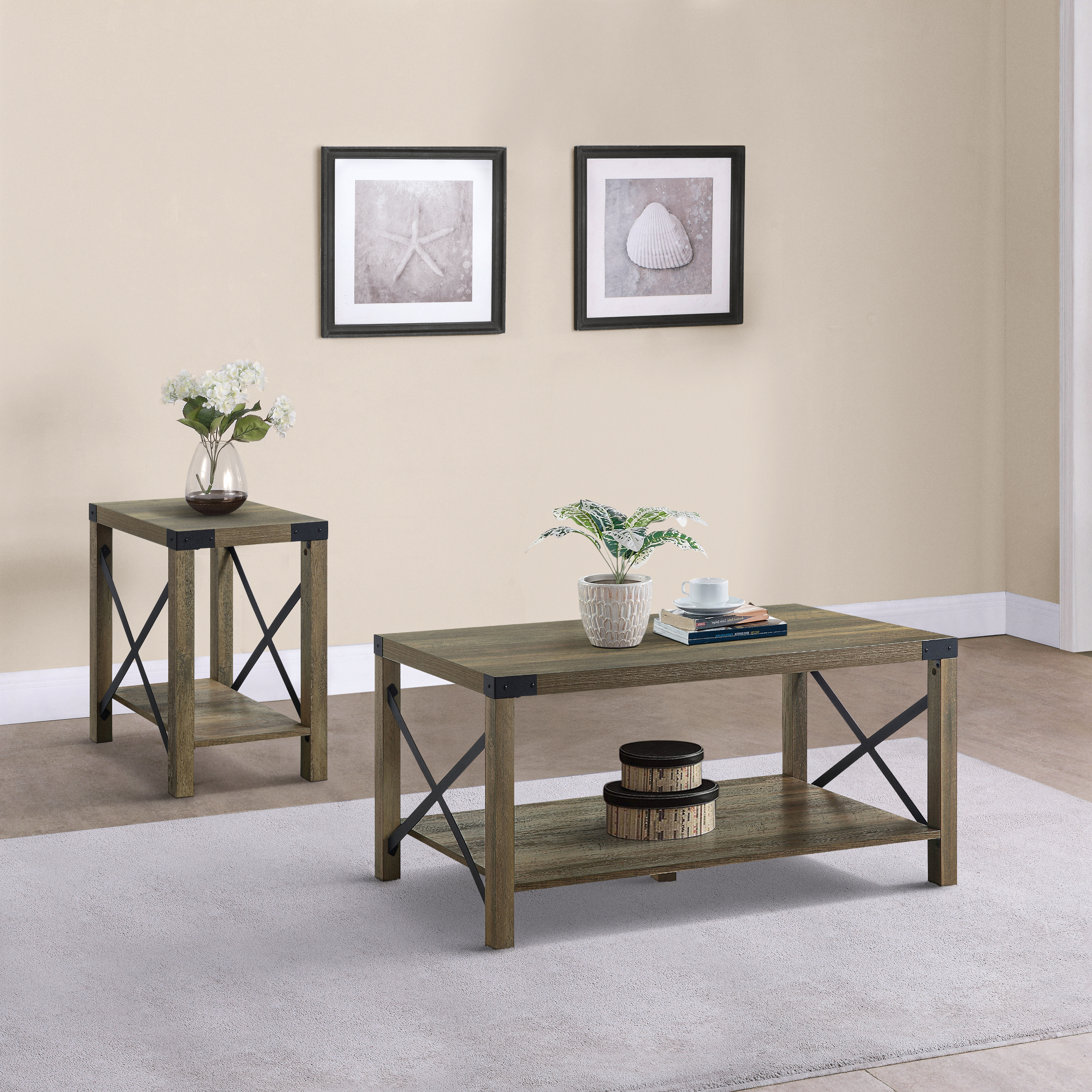 Rustic Oak Coffee Table with Bottom Shelf