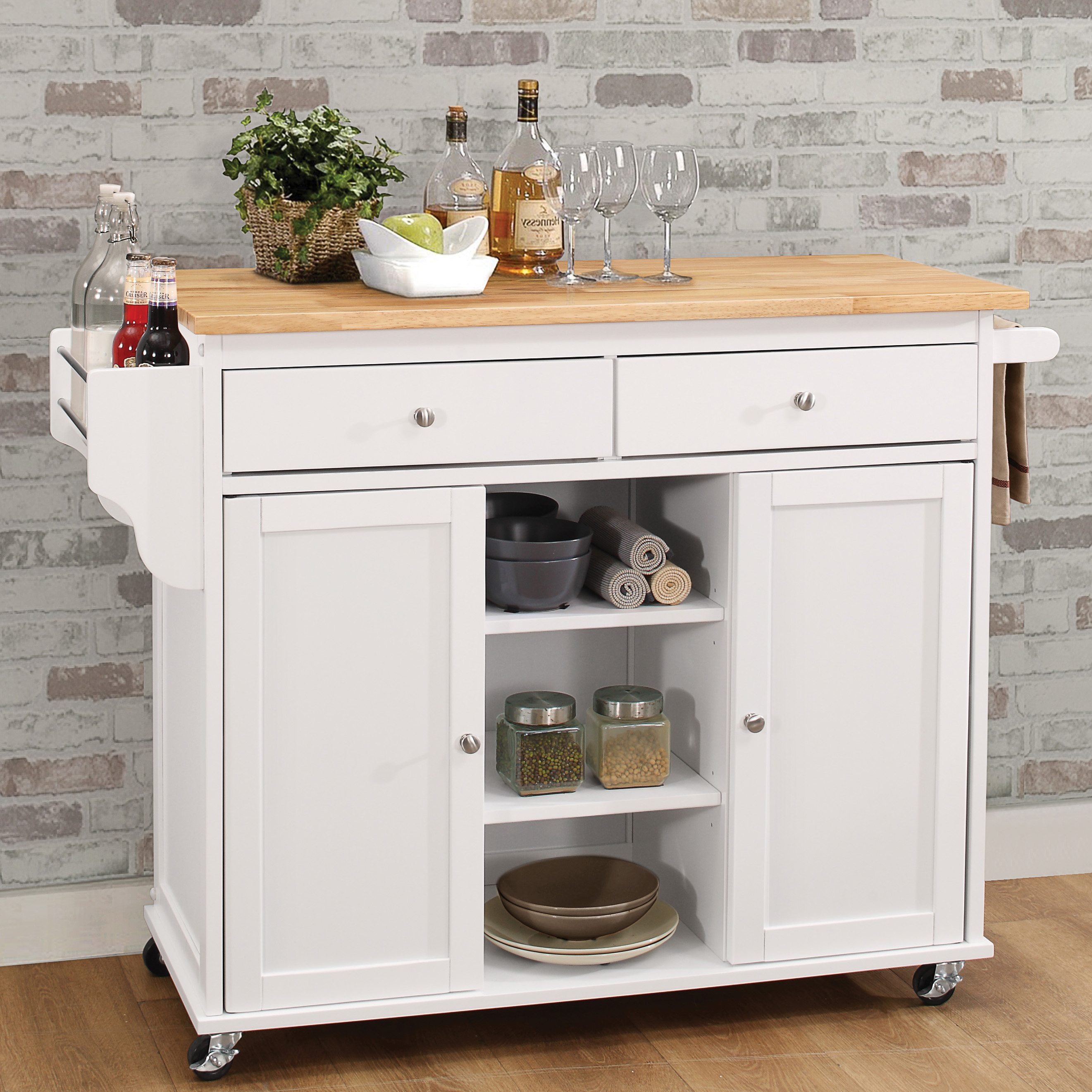 Natural and White 2-Door Kitchen Cart with 2 Drawers