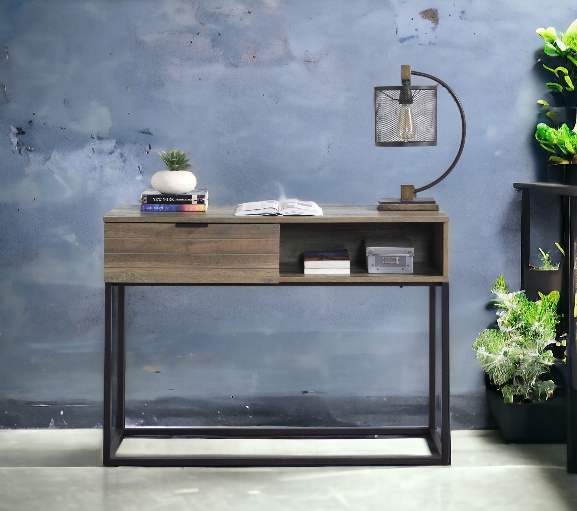 Rustic Oak and Black Writing Desk with Drawer and Shelf