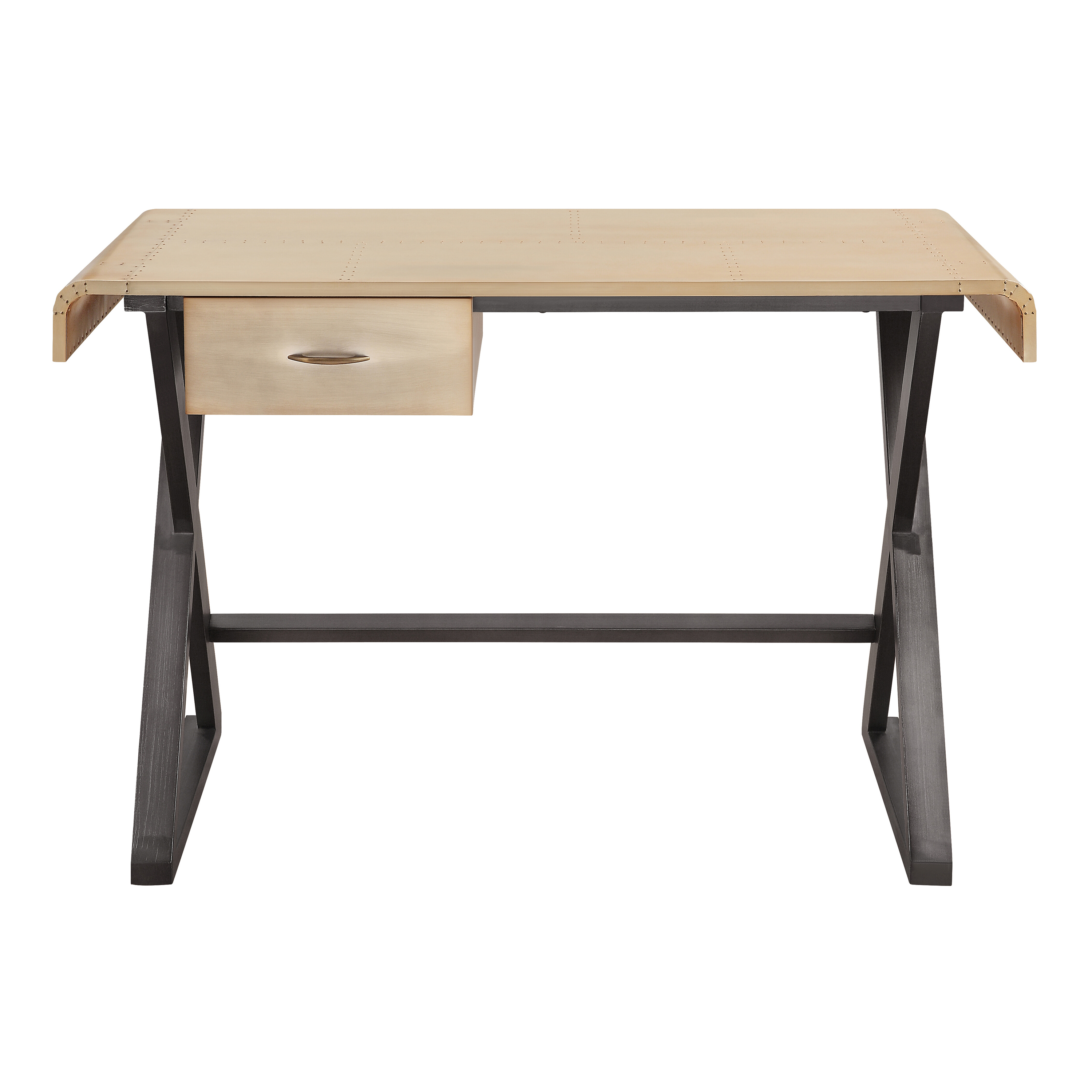 Gold Aluminum and Grey Writing Desk with X Shape Metal Base