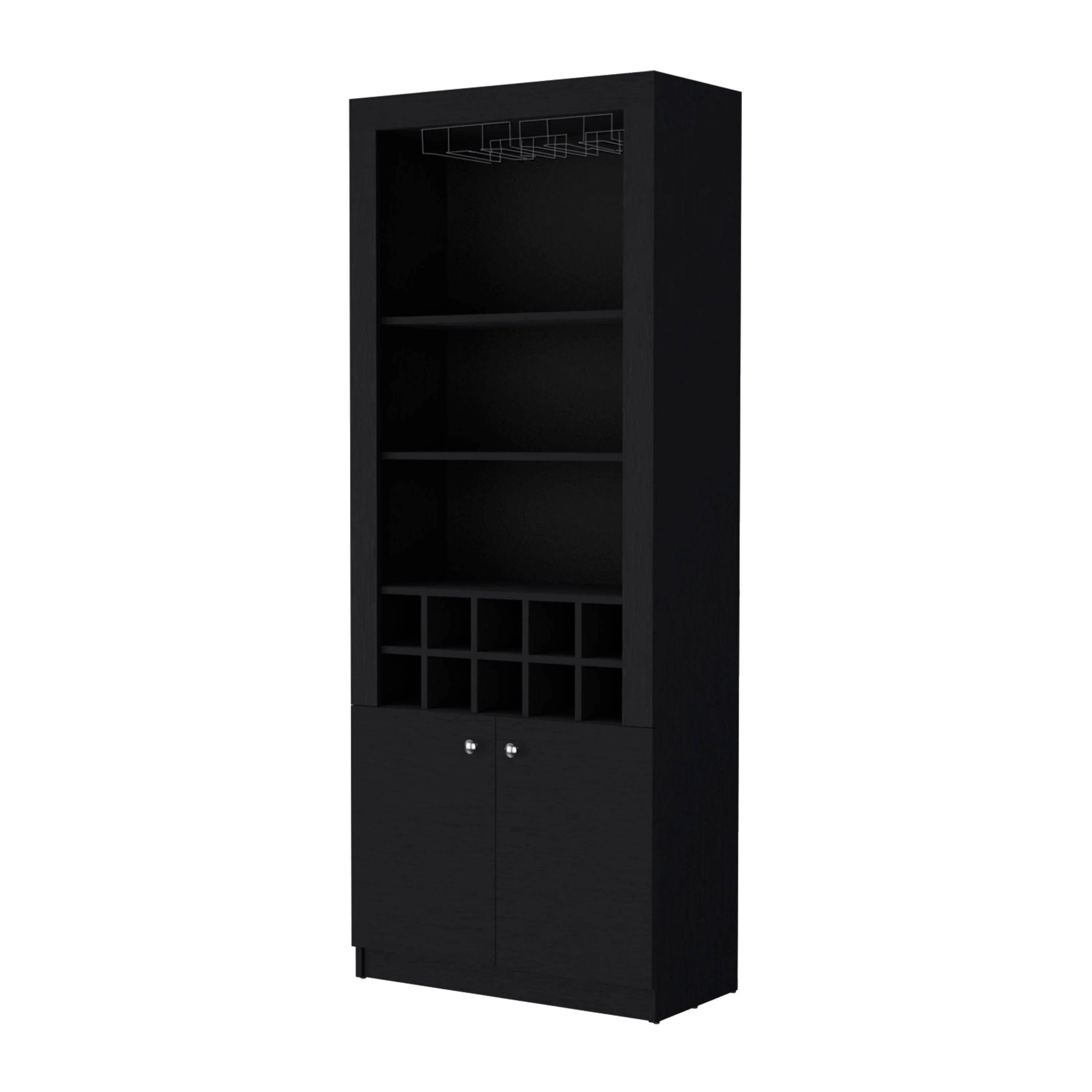 Black Bar Cabinet with Wine Storage and Three Shelves