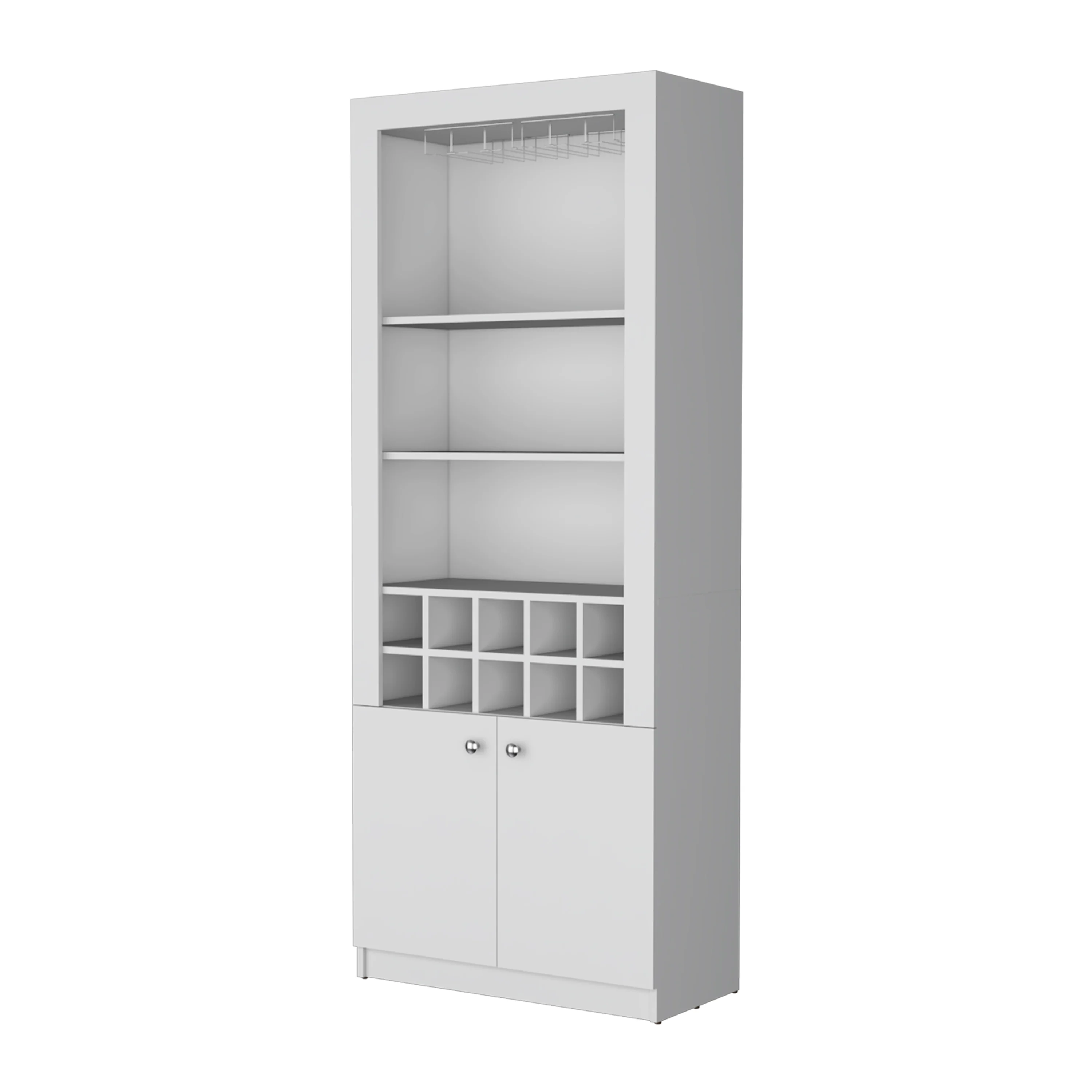 White Bar Cabinet with Wine Storage and Three Shelves