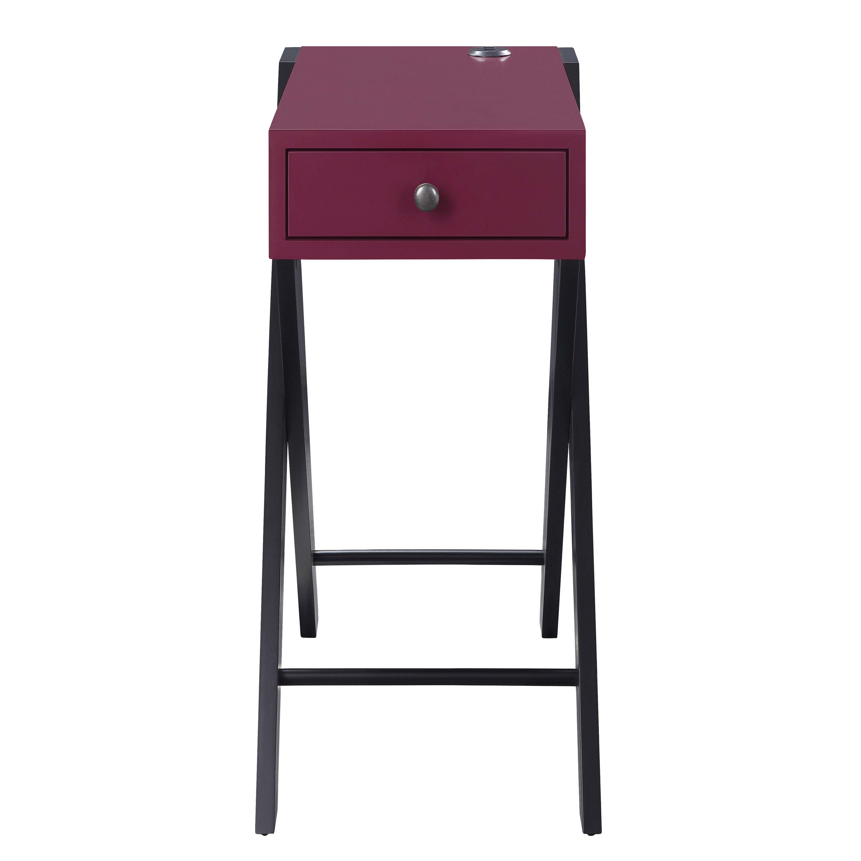 Burgundy and Black Side Table with USB Ports