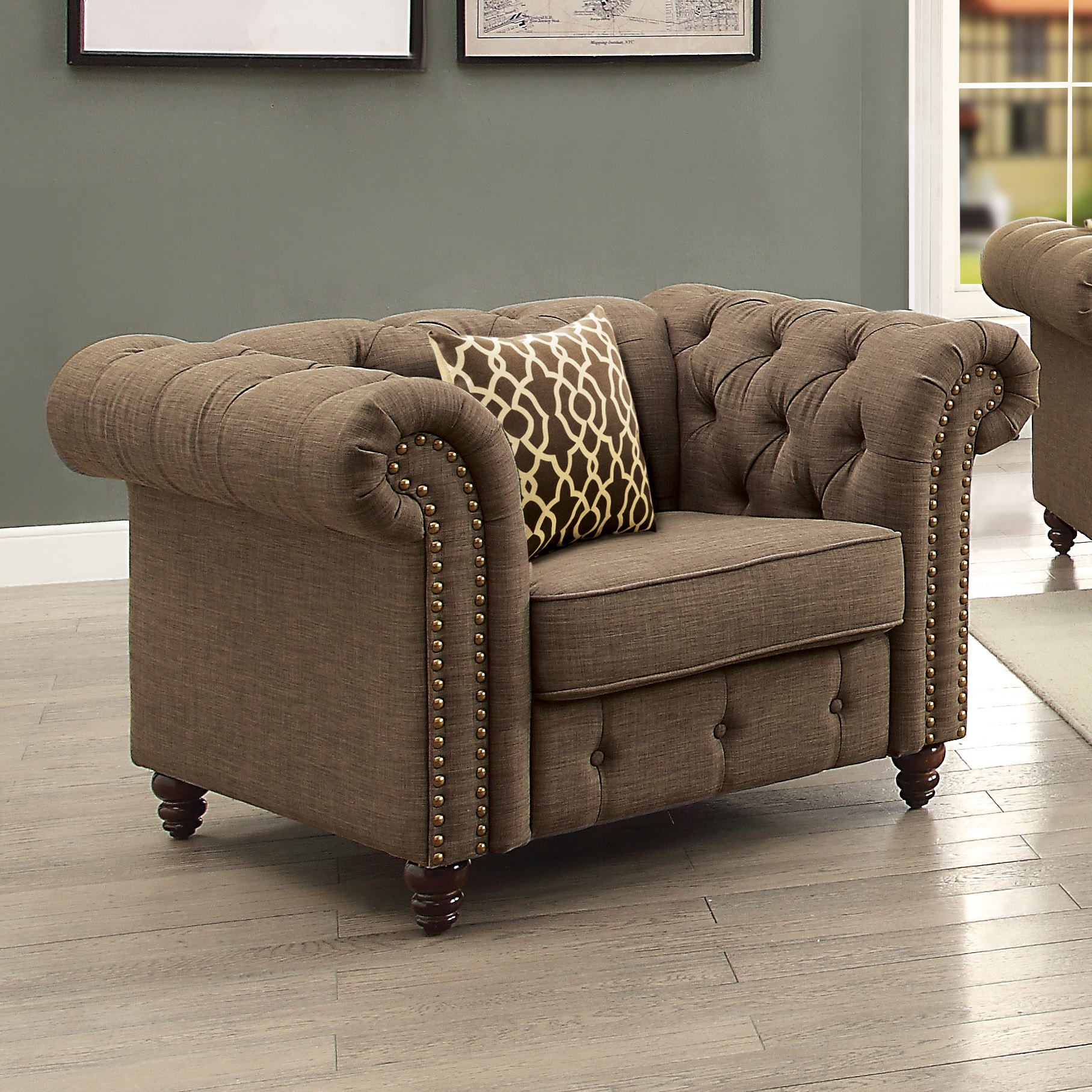 Brown Tufted Accent Chair with Pillow