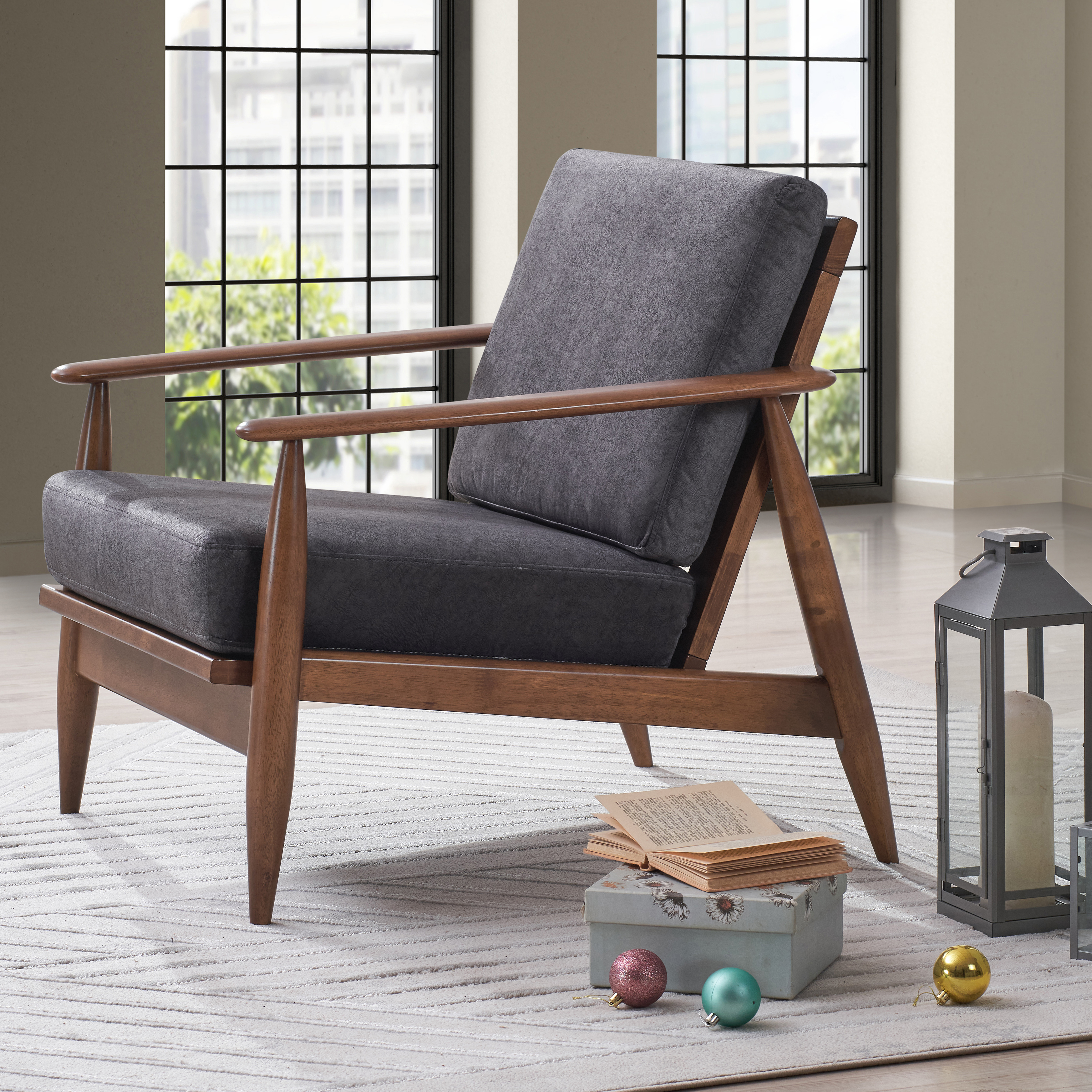 Charcoal And Brown Accent Chair with Removable Cushion