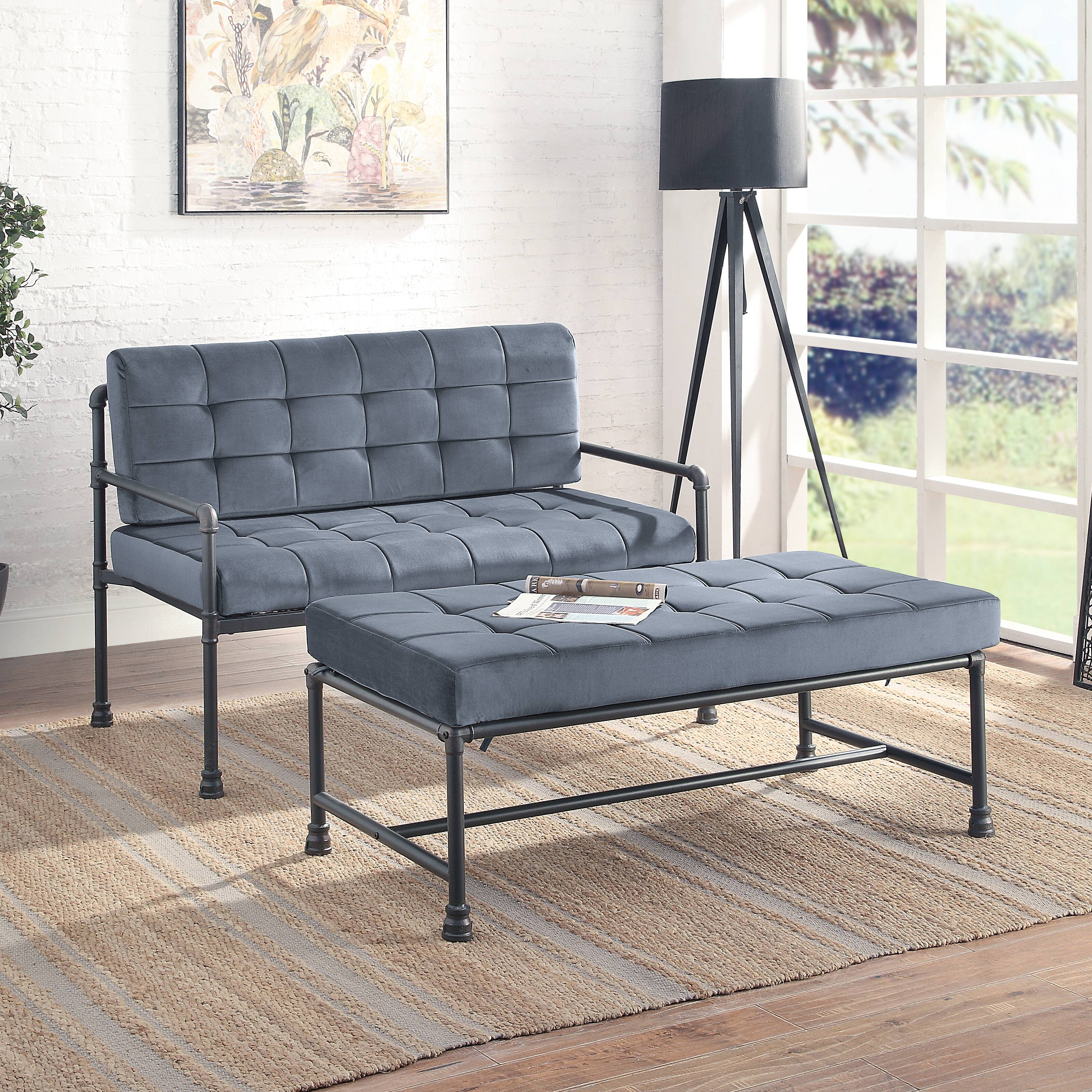 Grey and Sandy Grey Tufted Bench