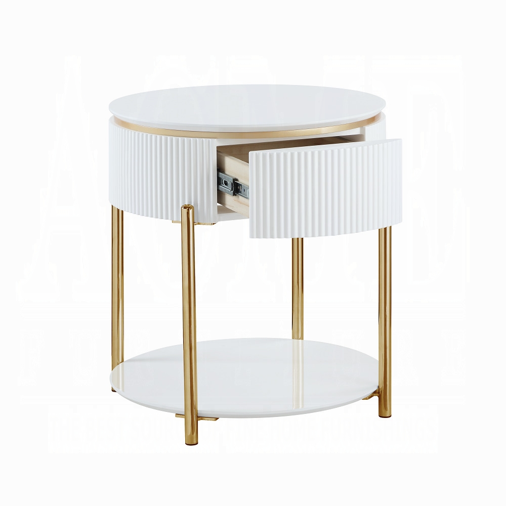 White High Gloss and Gold End Table with Metal Leg