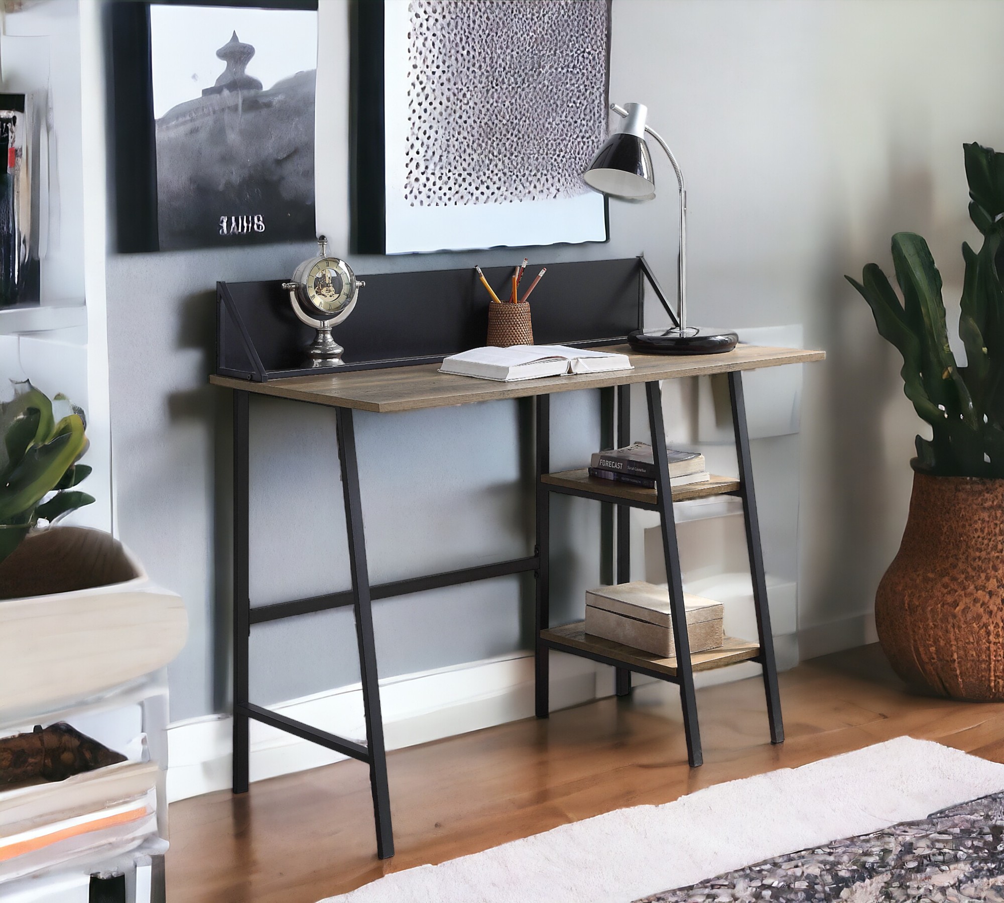 Rustic Oak and Black 2-Shelf Writing Desk with H-Shaped Base