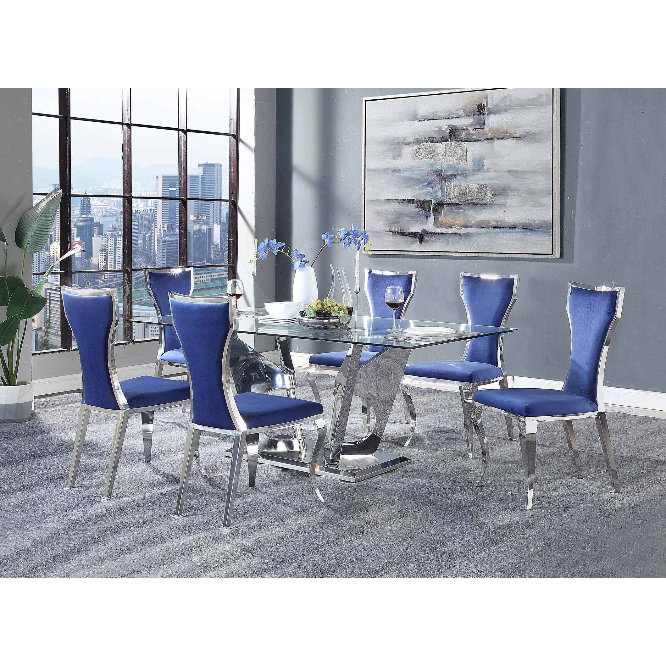 Blue and Silver Side Chairs with Metal Base (Set of 2)