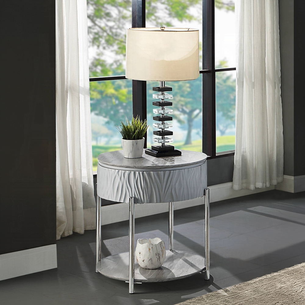 Grey High Gloss and Chrome End Table with Drawer