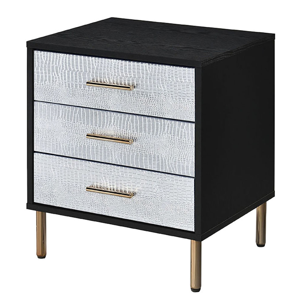 Black, Silver and Gold 3-Drawer Nightstand with Metal Leg