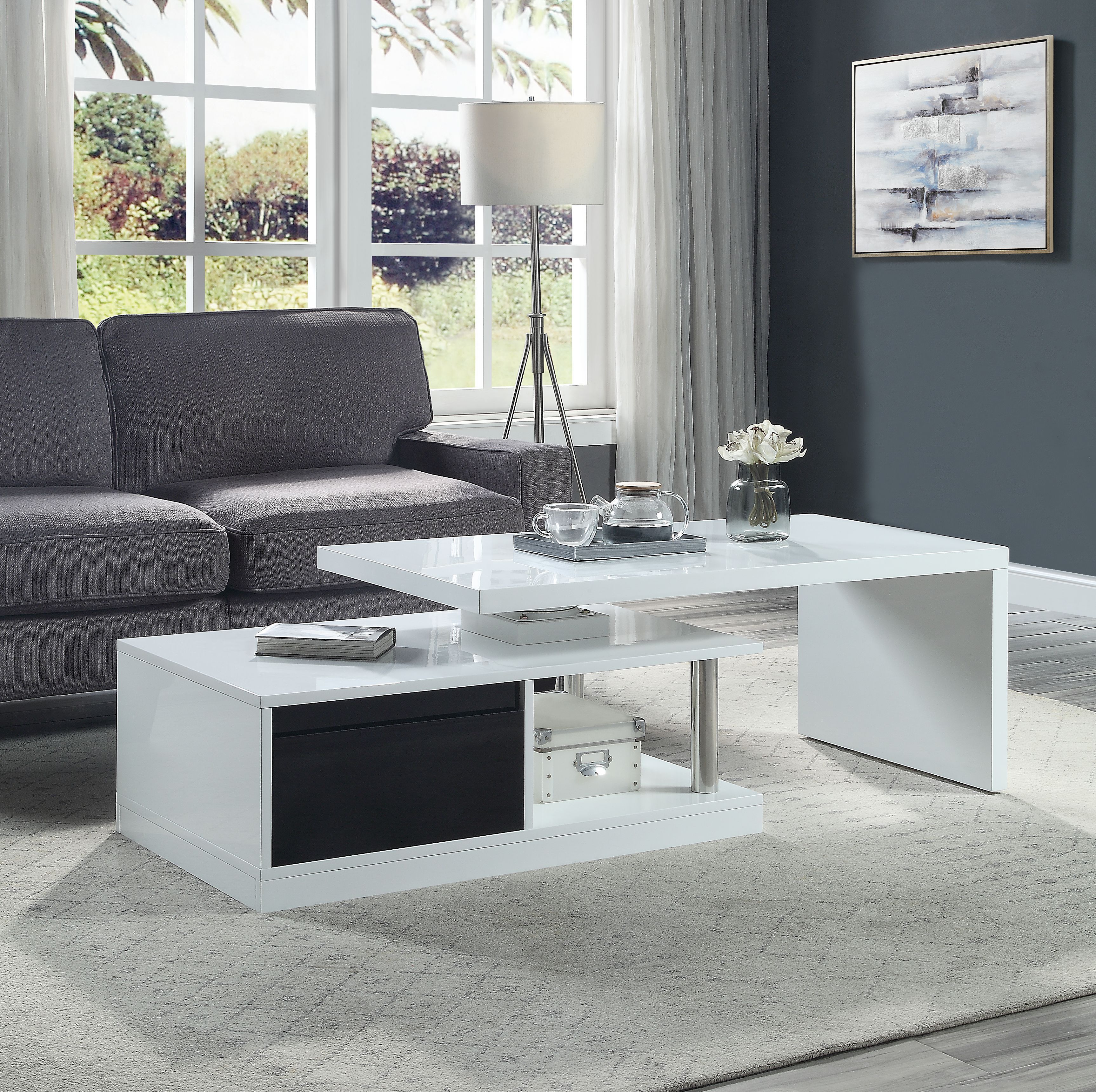 White and Black High Gloss Coffee Table with Swivel Top