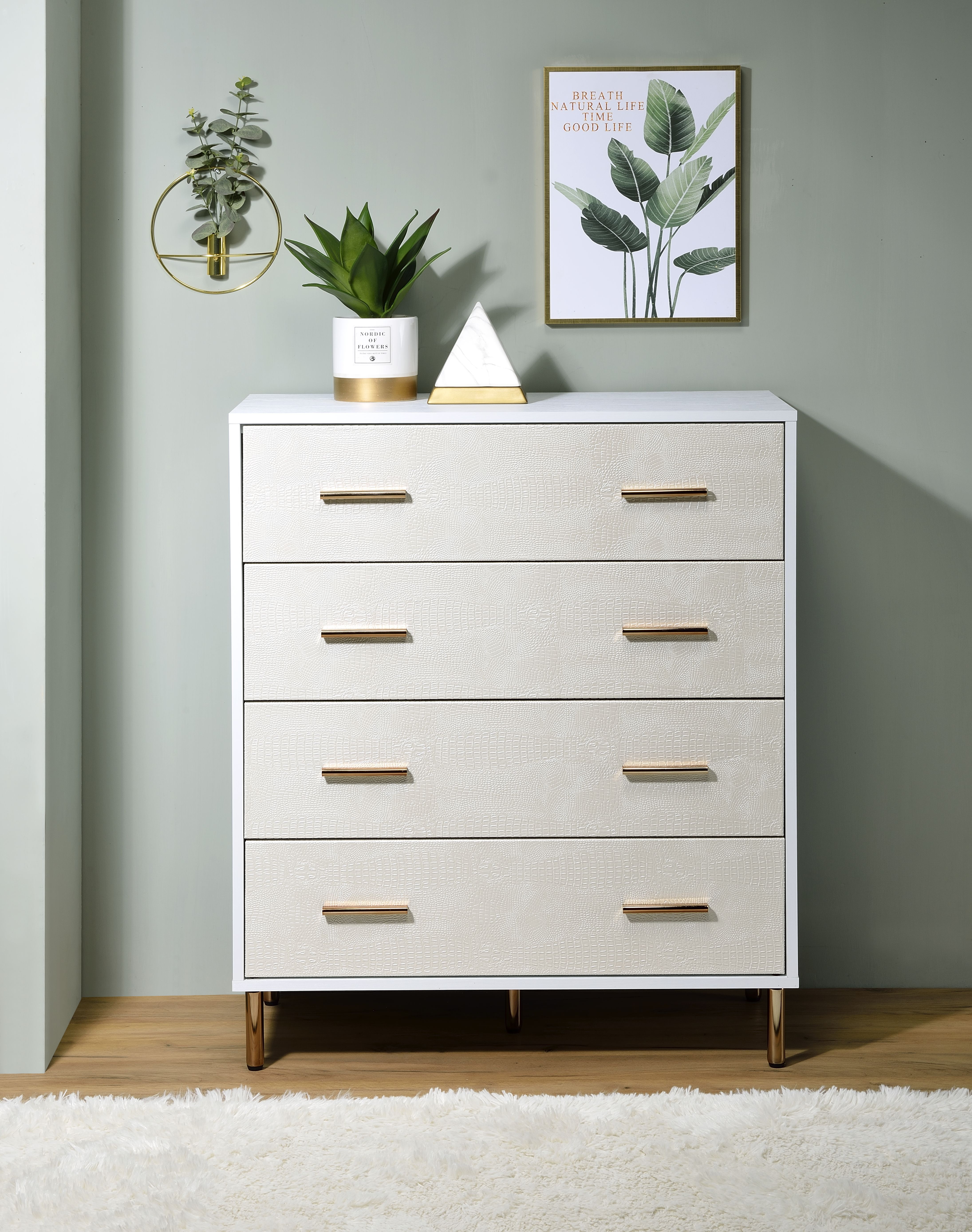 White and Champagne 4-Drawer Chest