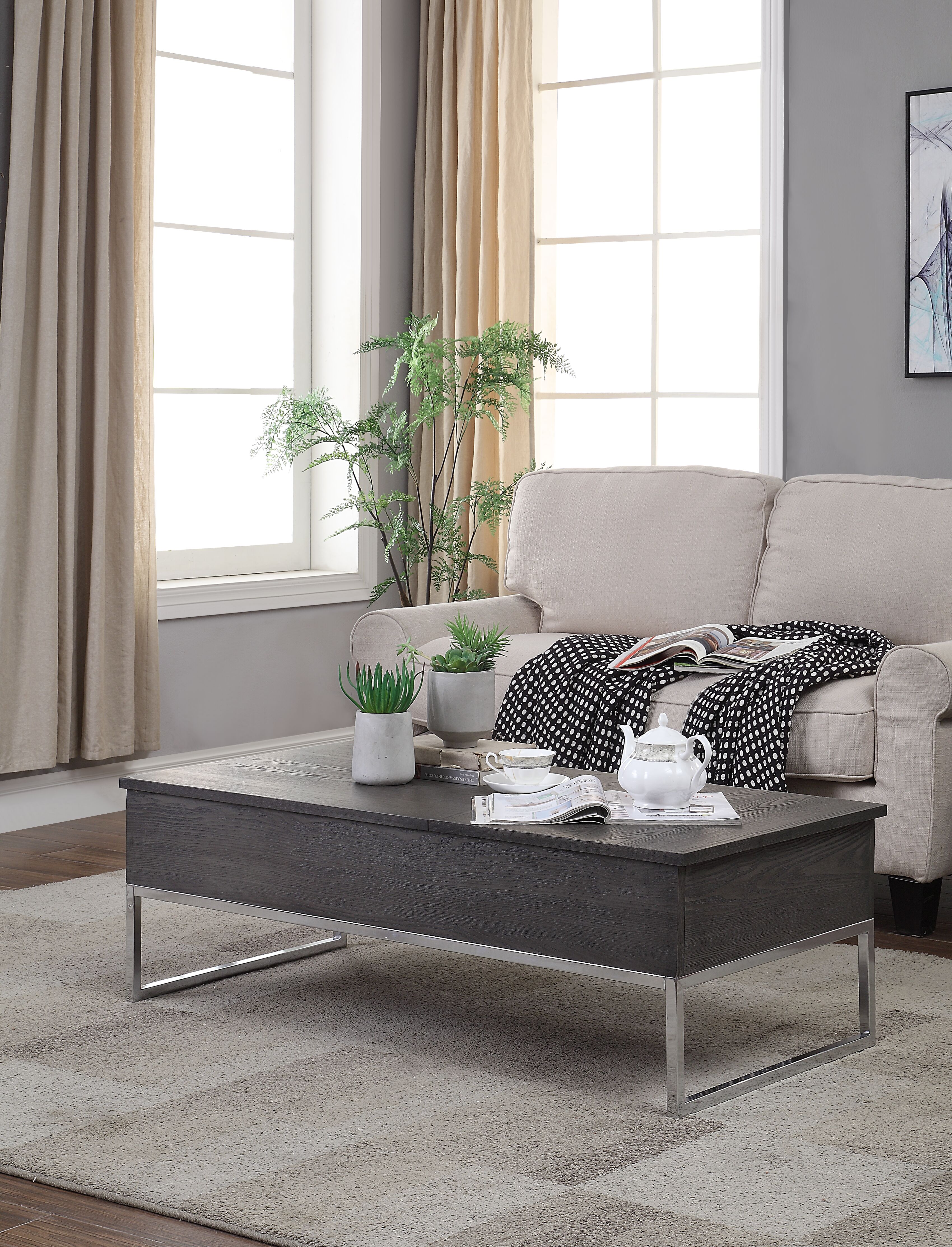 Grey Oak and Chrome Coffee Table with Lift Top