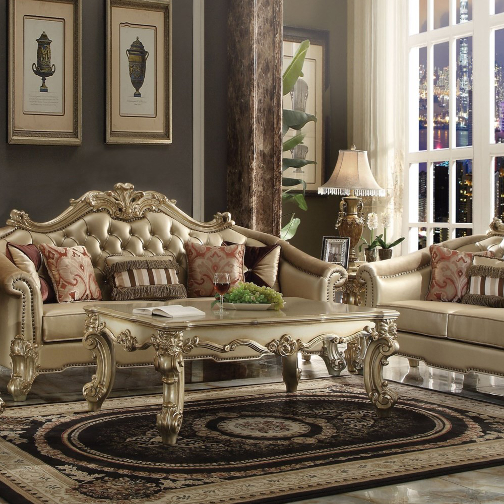 Gold Patina and Bone Coffee Table with Scrolled Leg