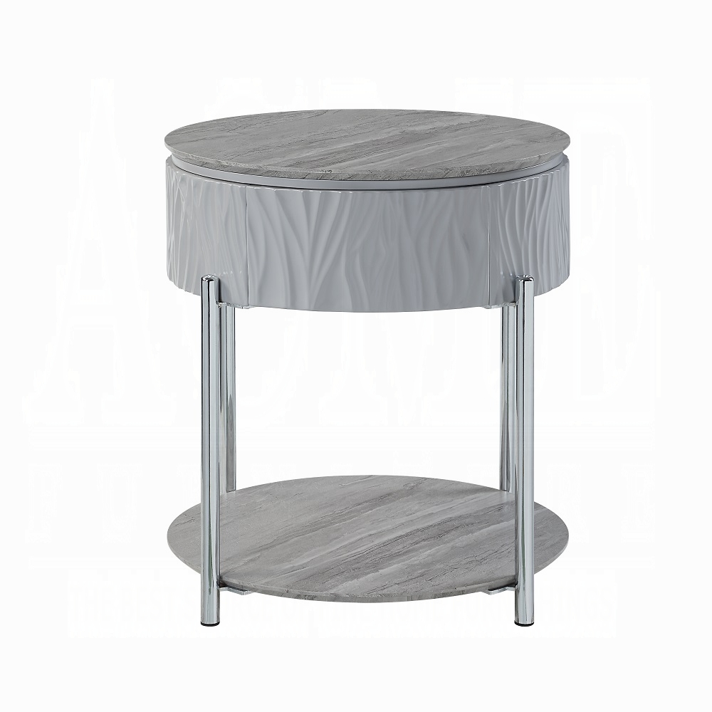 Grey High Gloss and Chrome End Table with Drawer