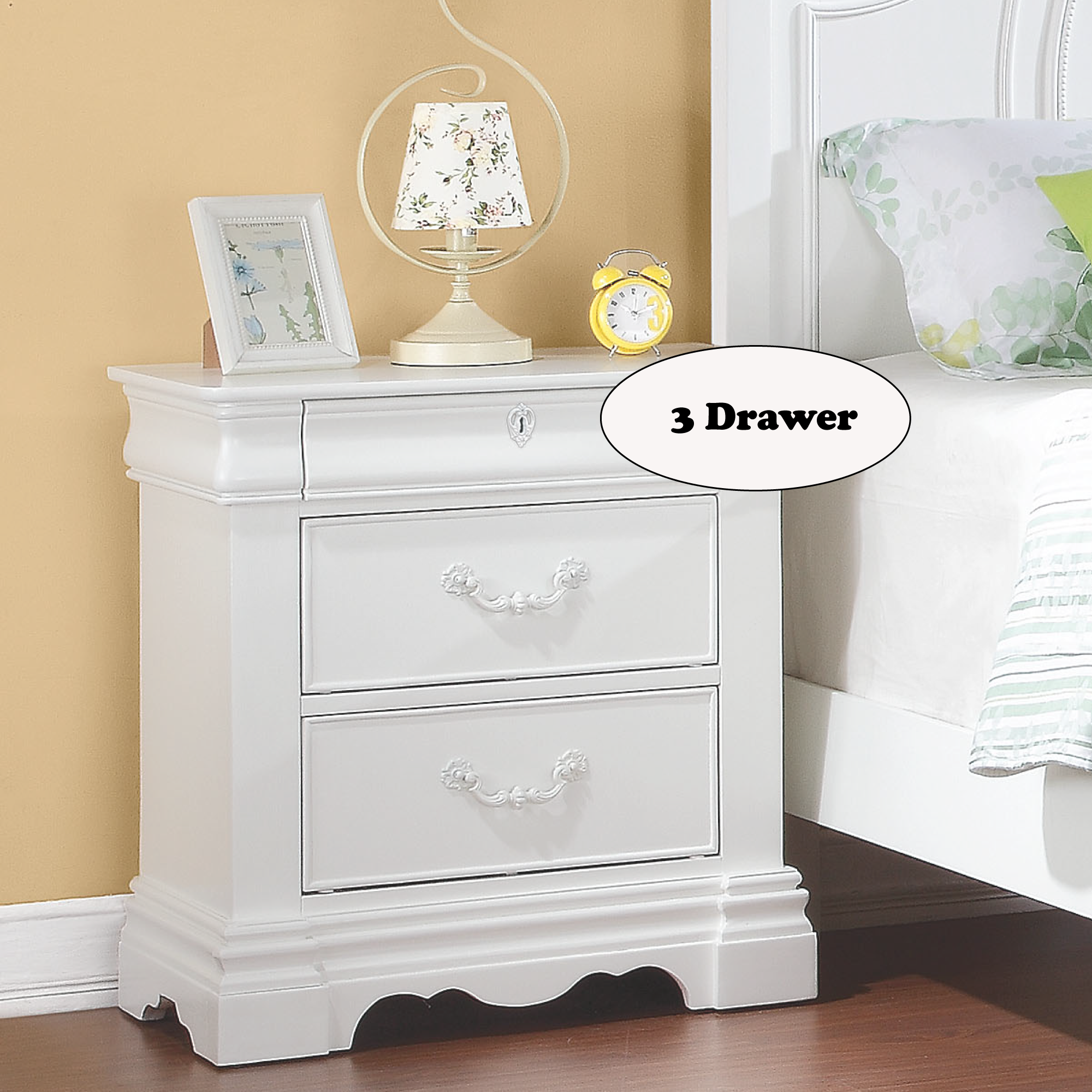 White 3-Drawer Nightstand with Hidden Top Drawer