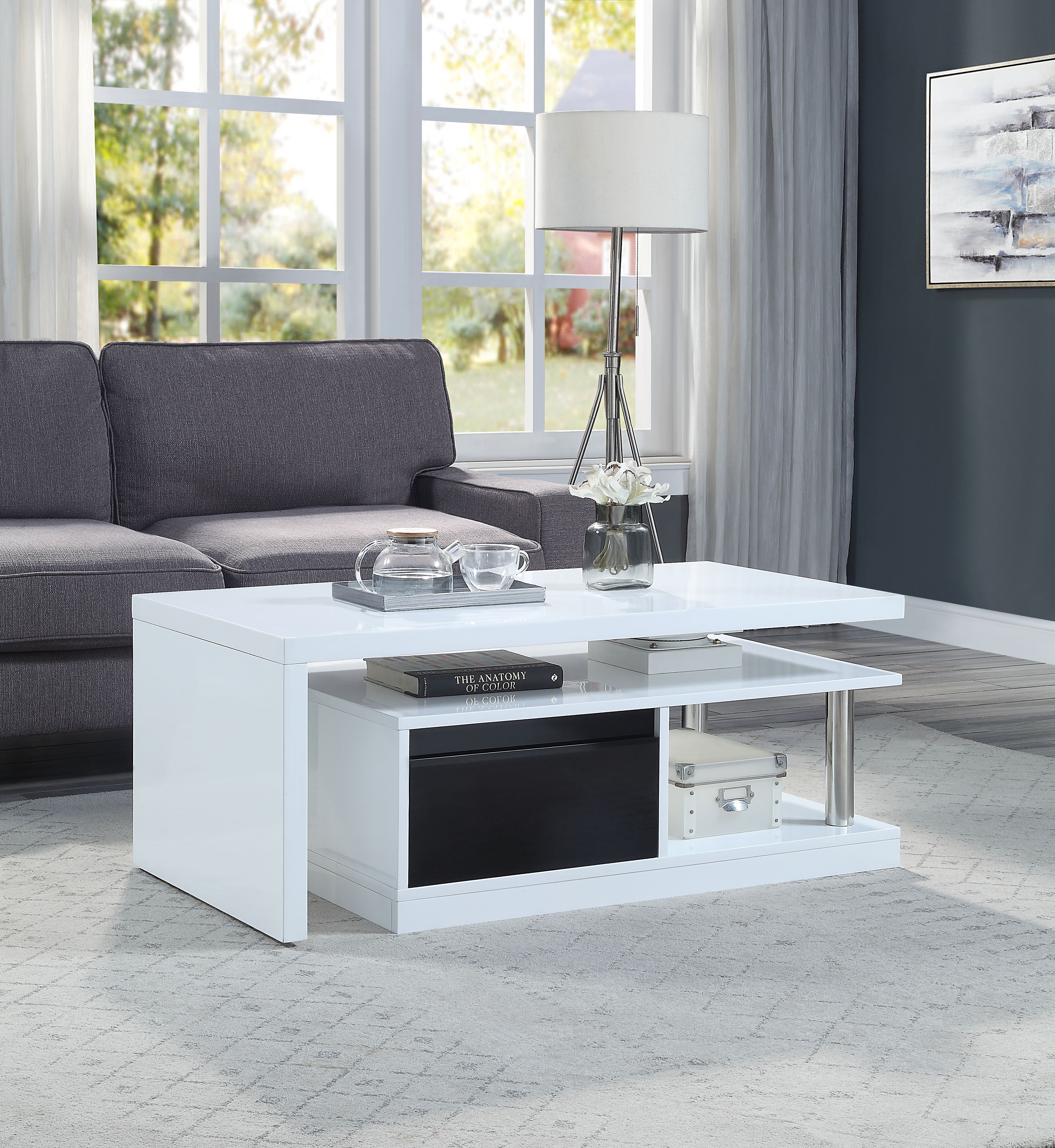 White and Black High Gloss Coffee Table with Swivel Top