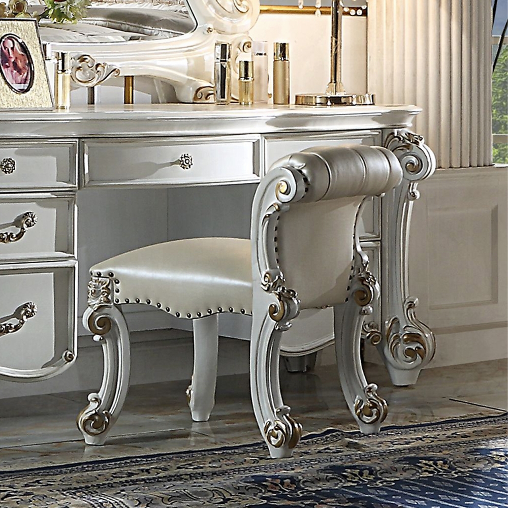 Beige and Antique Silver Vanity Stool with Nailhead Trim