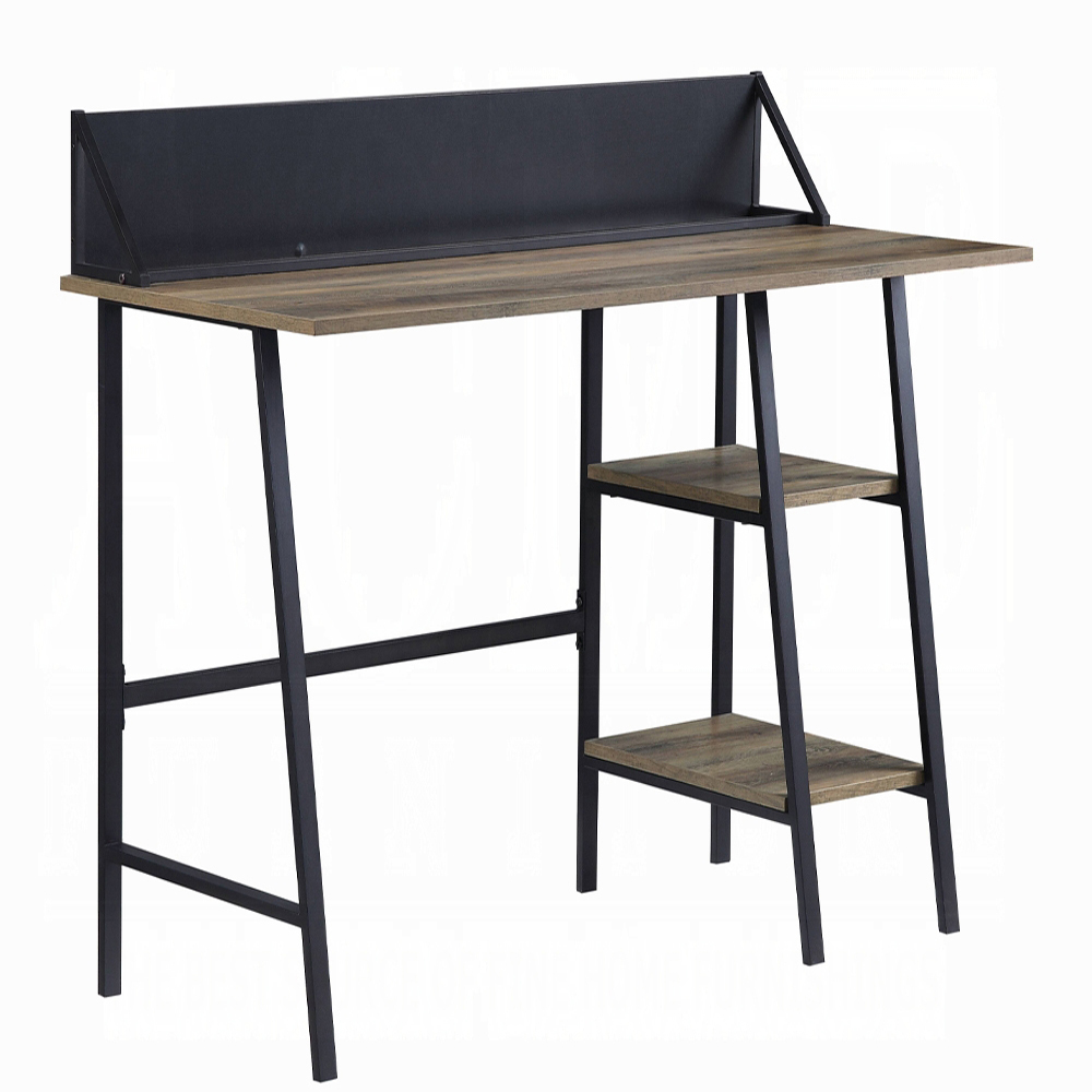 Rustic Oak and Black 2-Shelf Writing Desk with H-Shaped Base