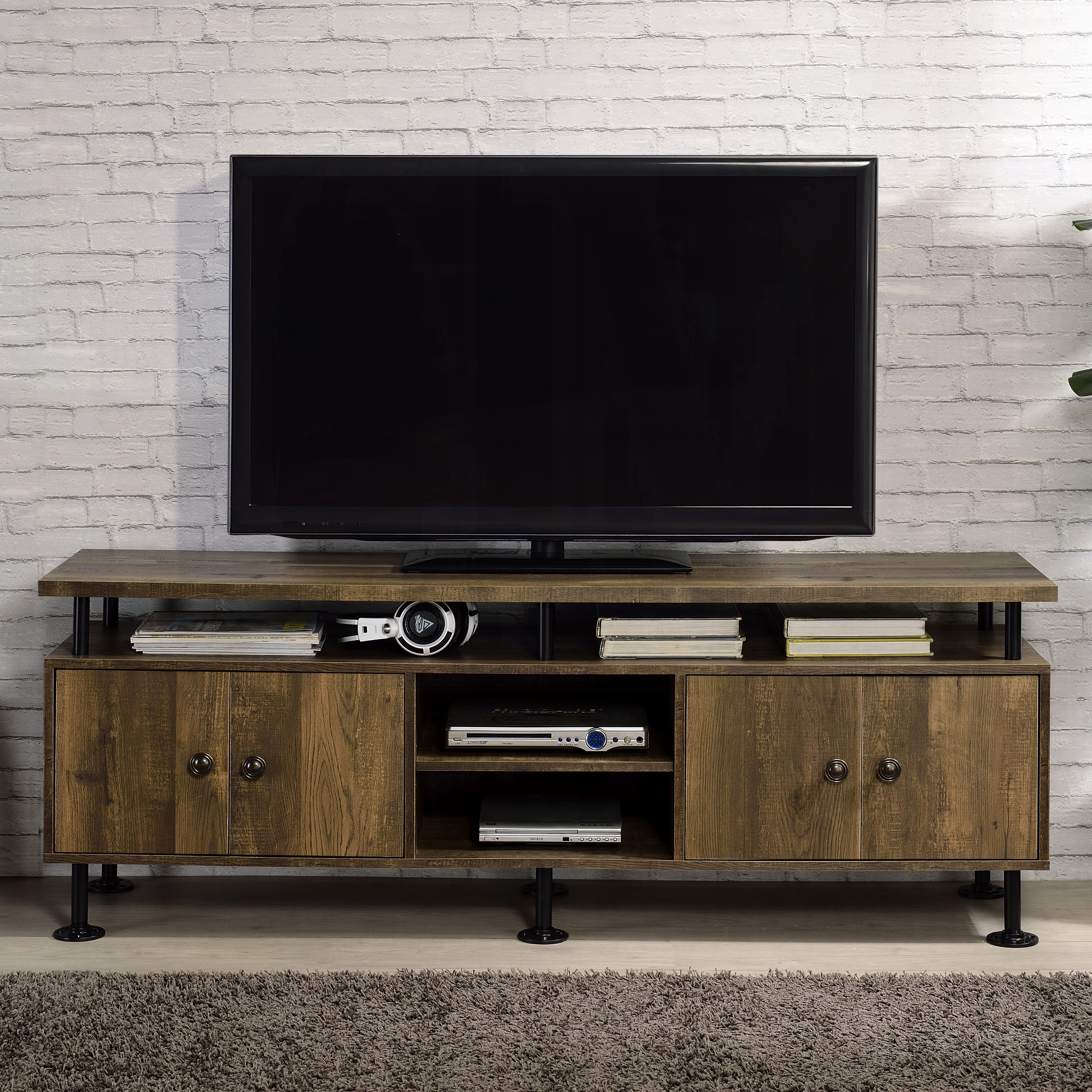 Rustic Oak and Black 2-Shelf TV Stand