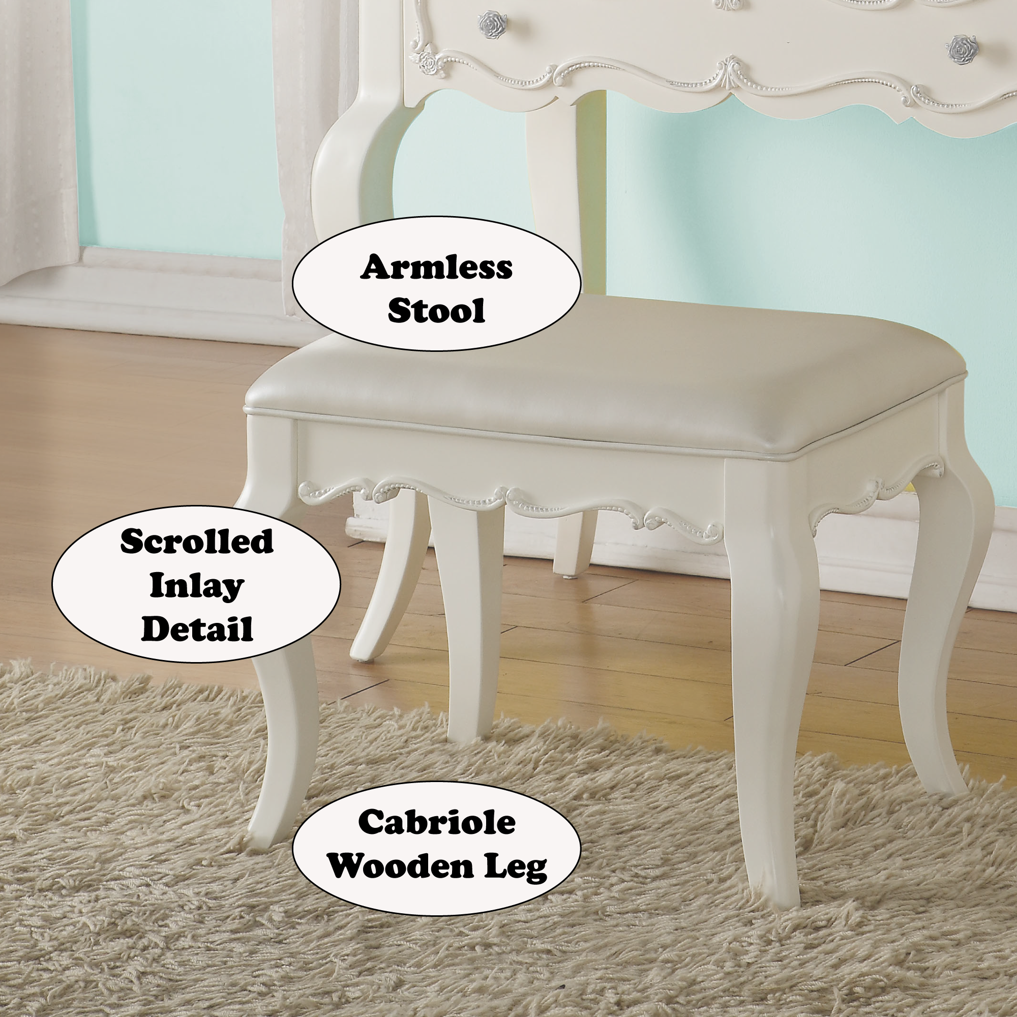 Pearl and Pearl White Padded Vanity Stool