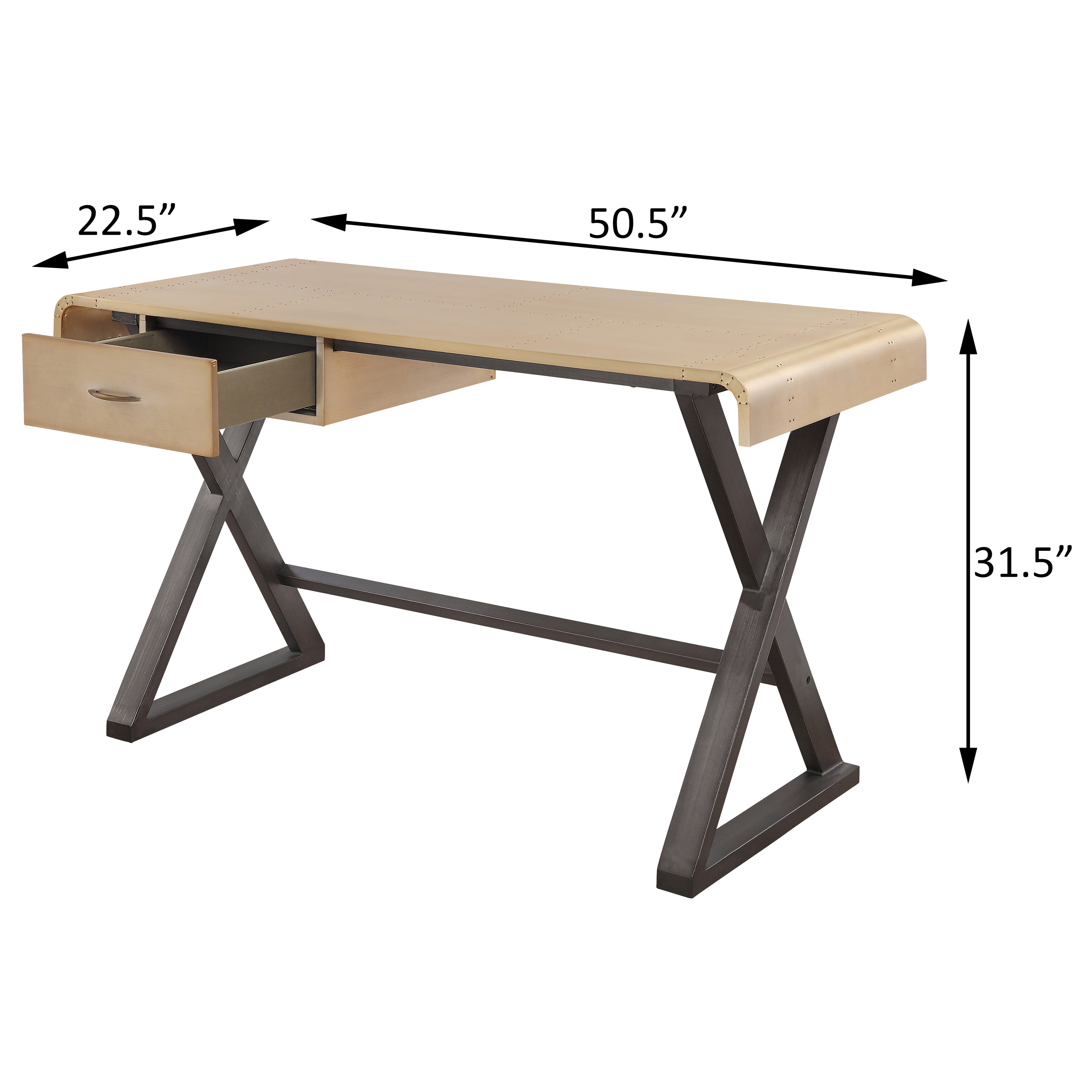 Gold Aluminum and Grey Writing Desk with X Shape Metal Base