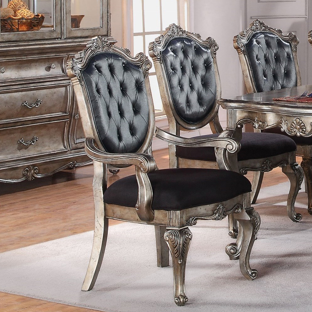 Silver Grey and Antique Platinum Tufted Arm Chair (Set of 2)