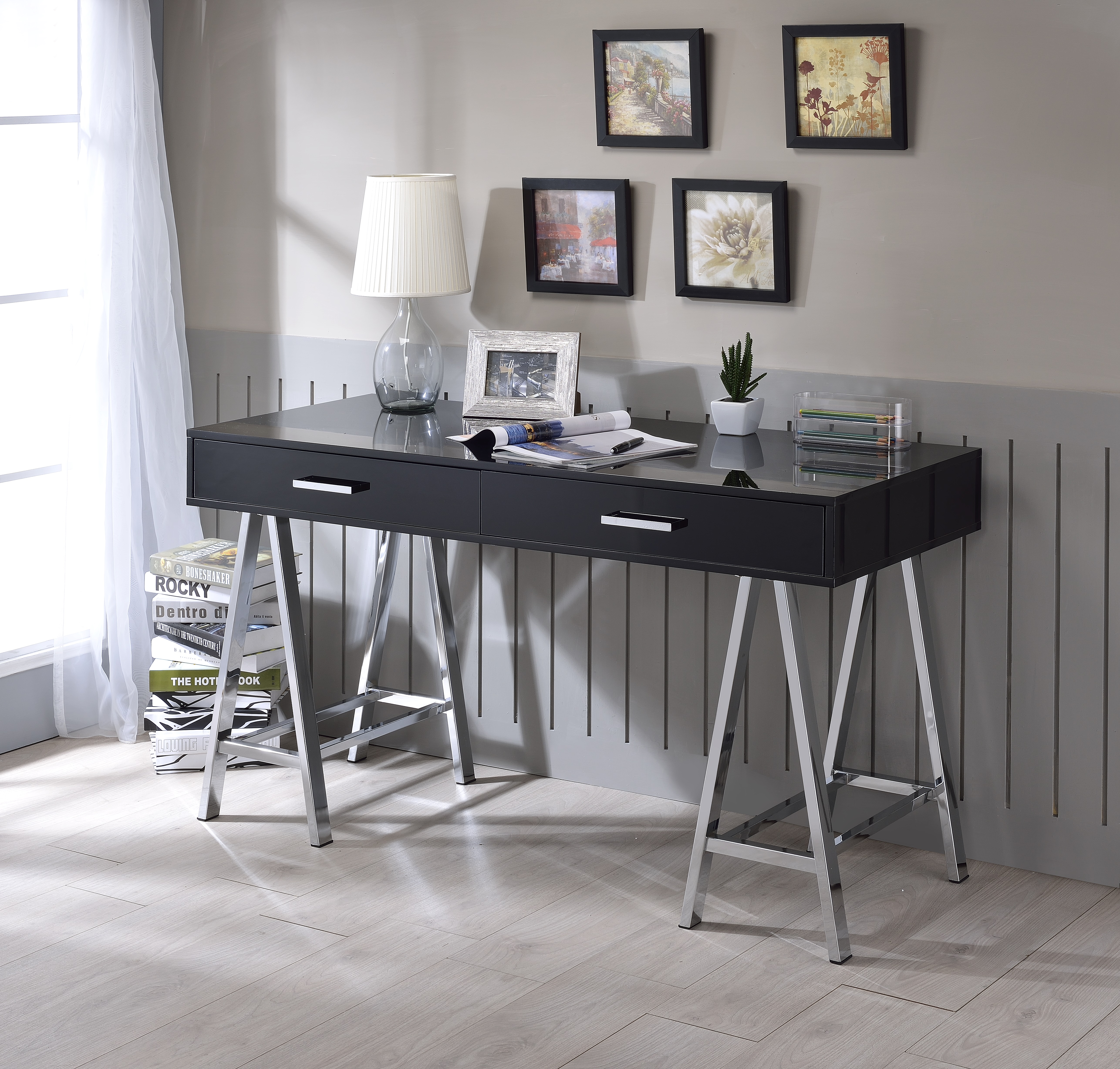 Black High Gloss and Chrome Writing Desk with USB Port