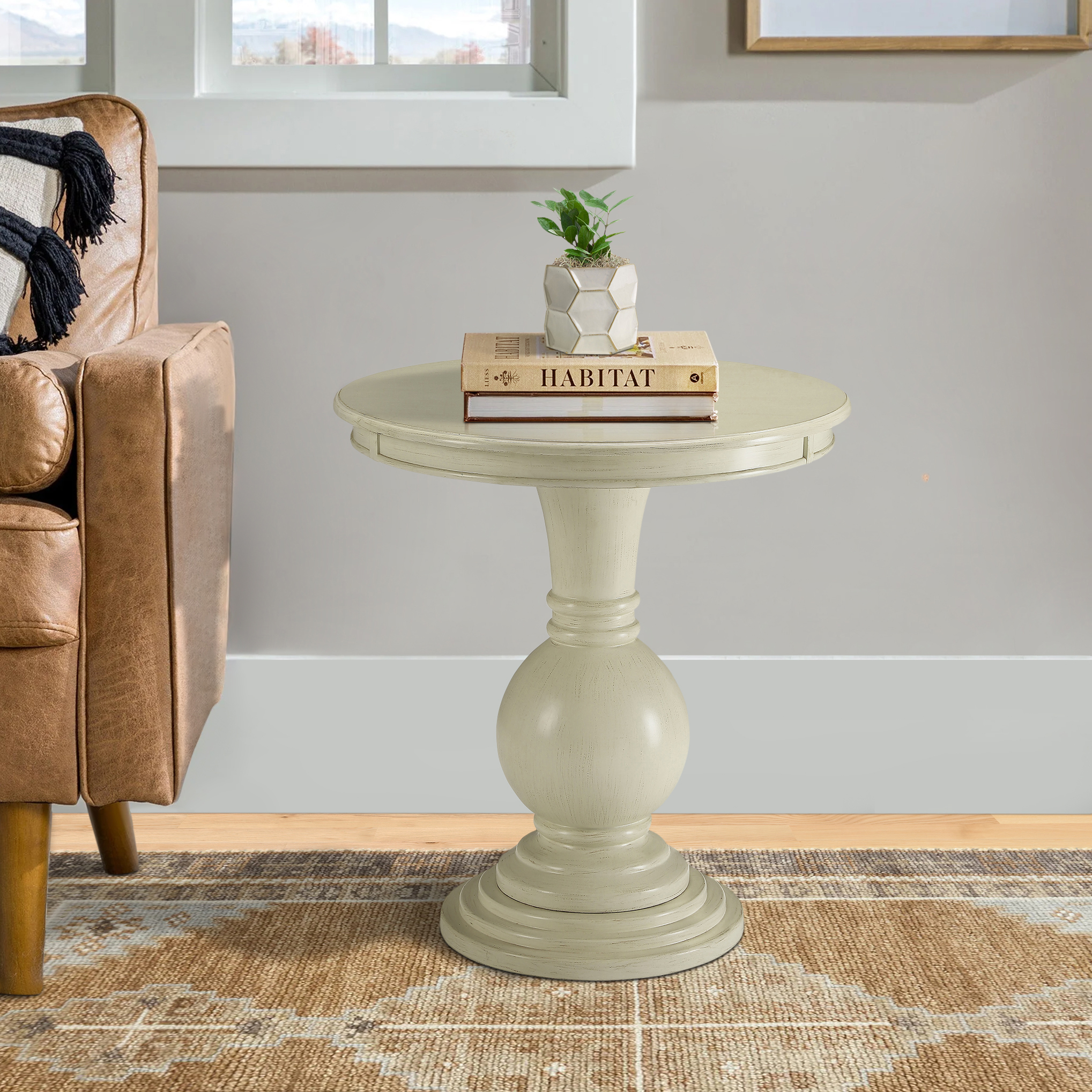 Antique White Accent Table with Pedestal Base