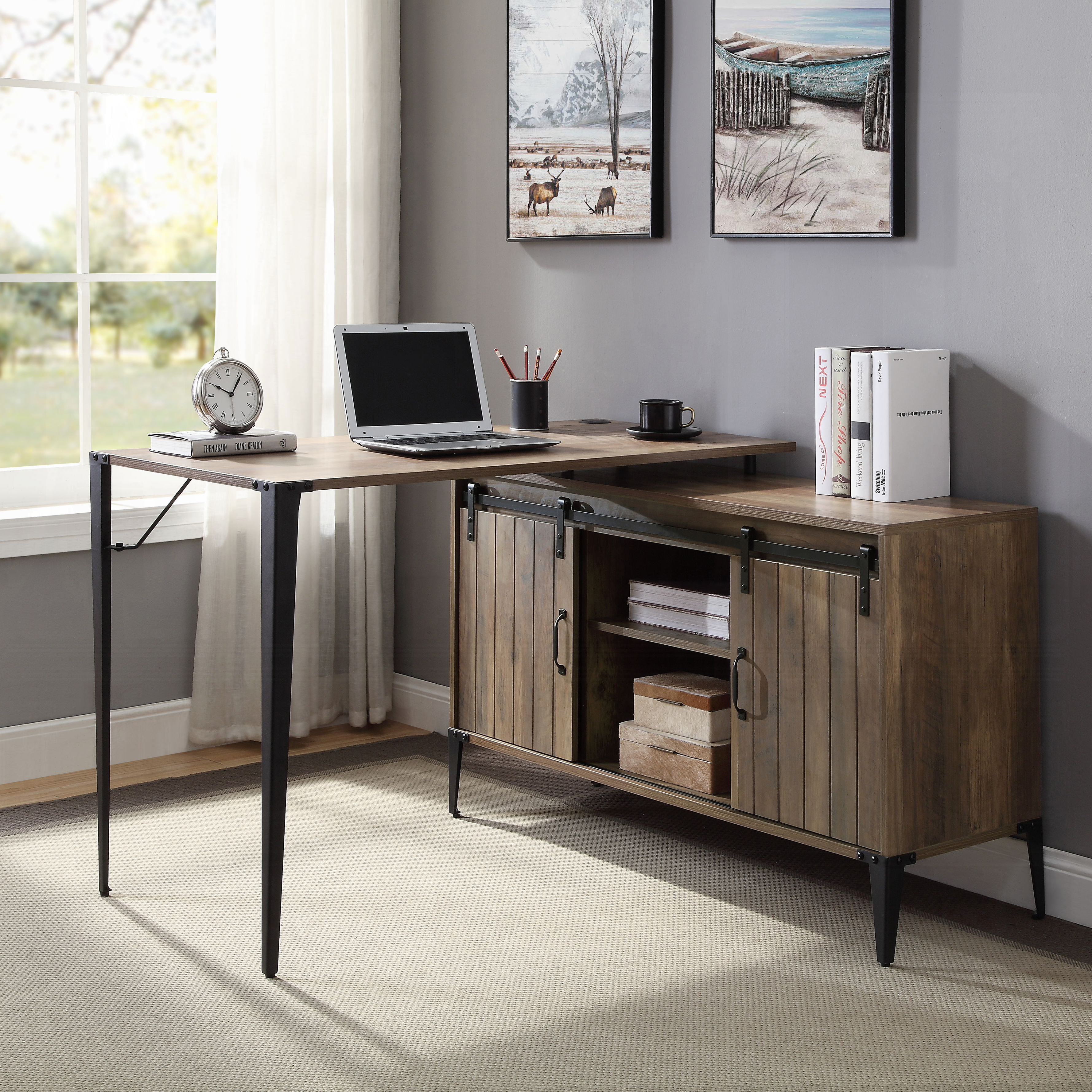 Rustic Oak L-Shaped Writing Desk with USB Port