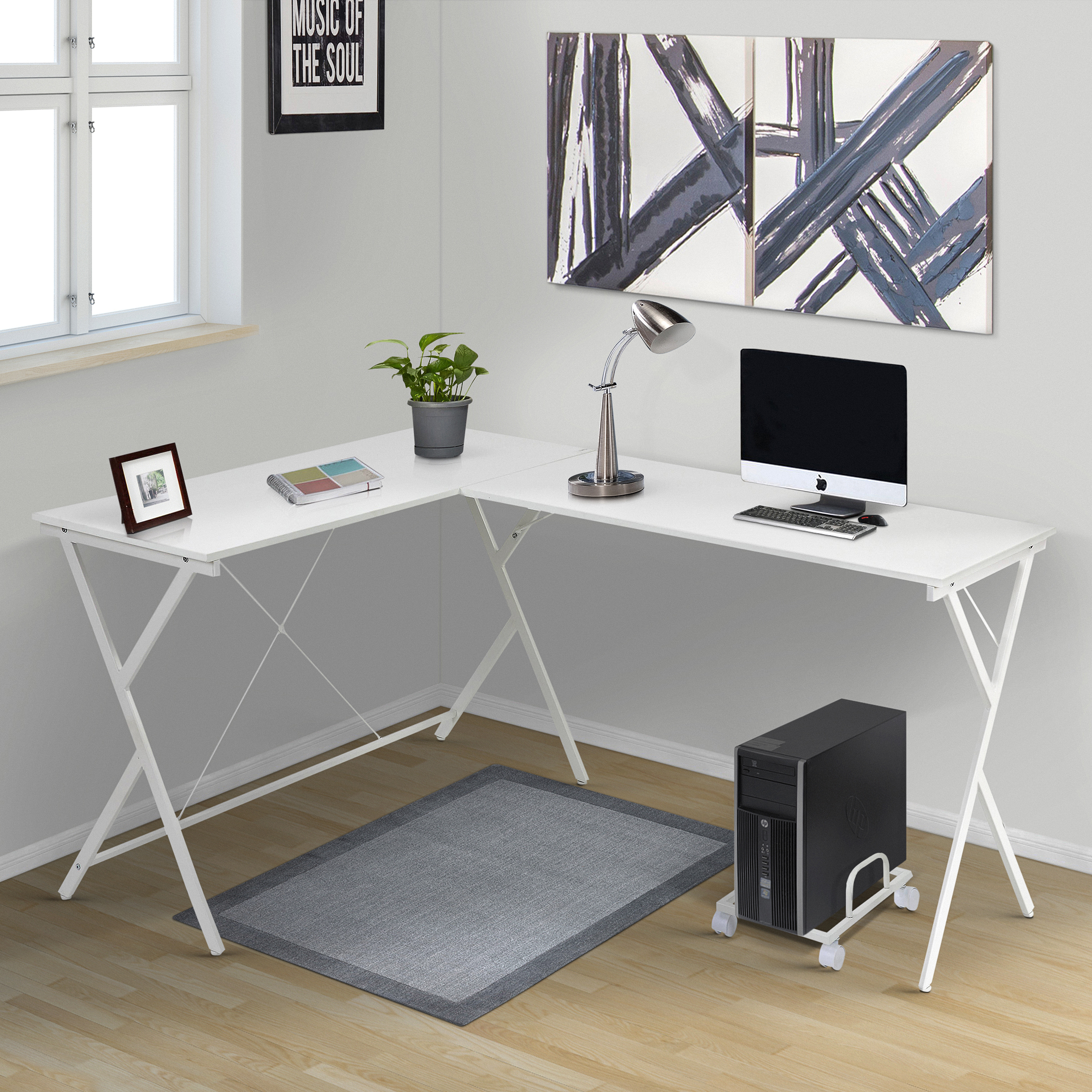 White L-shaped Computer Desk with CPU Holder