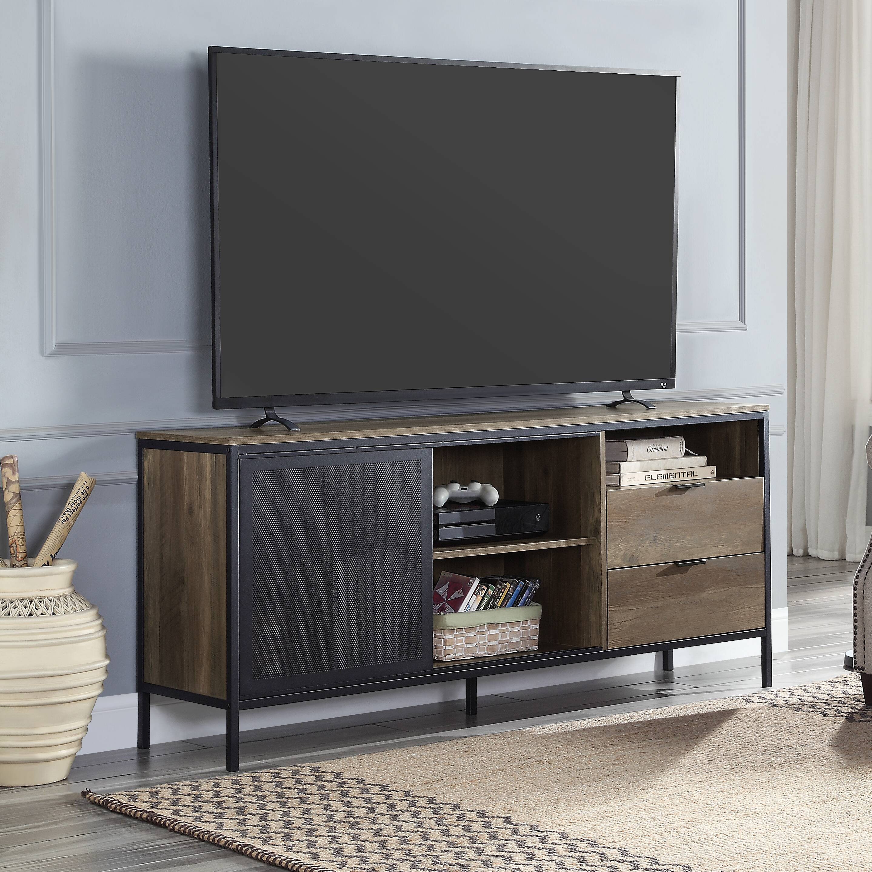 Rustic Oak And Black 2-Drawer TV Stand with Sliding Door