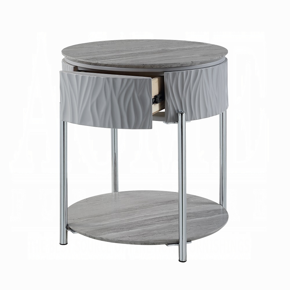 Grey High Gloss and Chrome End Table with Drawer