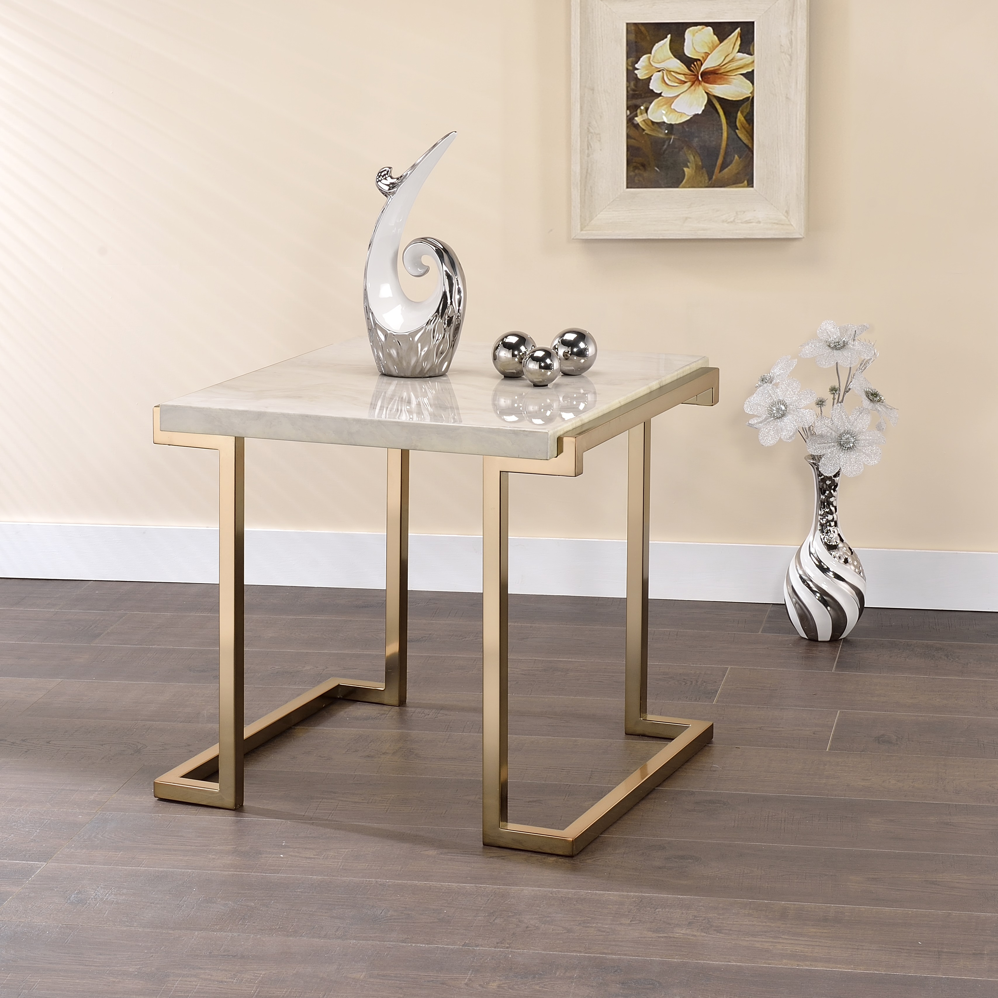 White and Champagne Sled Base End Table