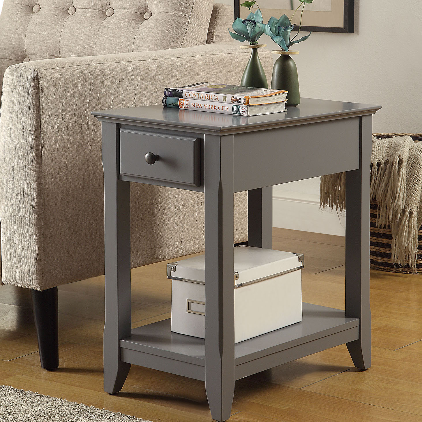 Grey Accent Table with Bottom Shelf