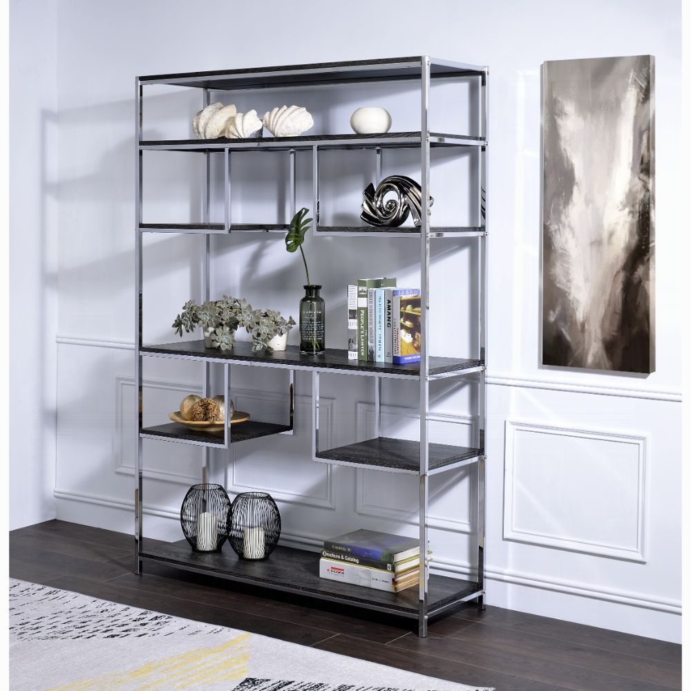 Rustic Grey Oak and Chrome 8-Shelf Bookshelf