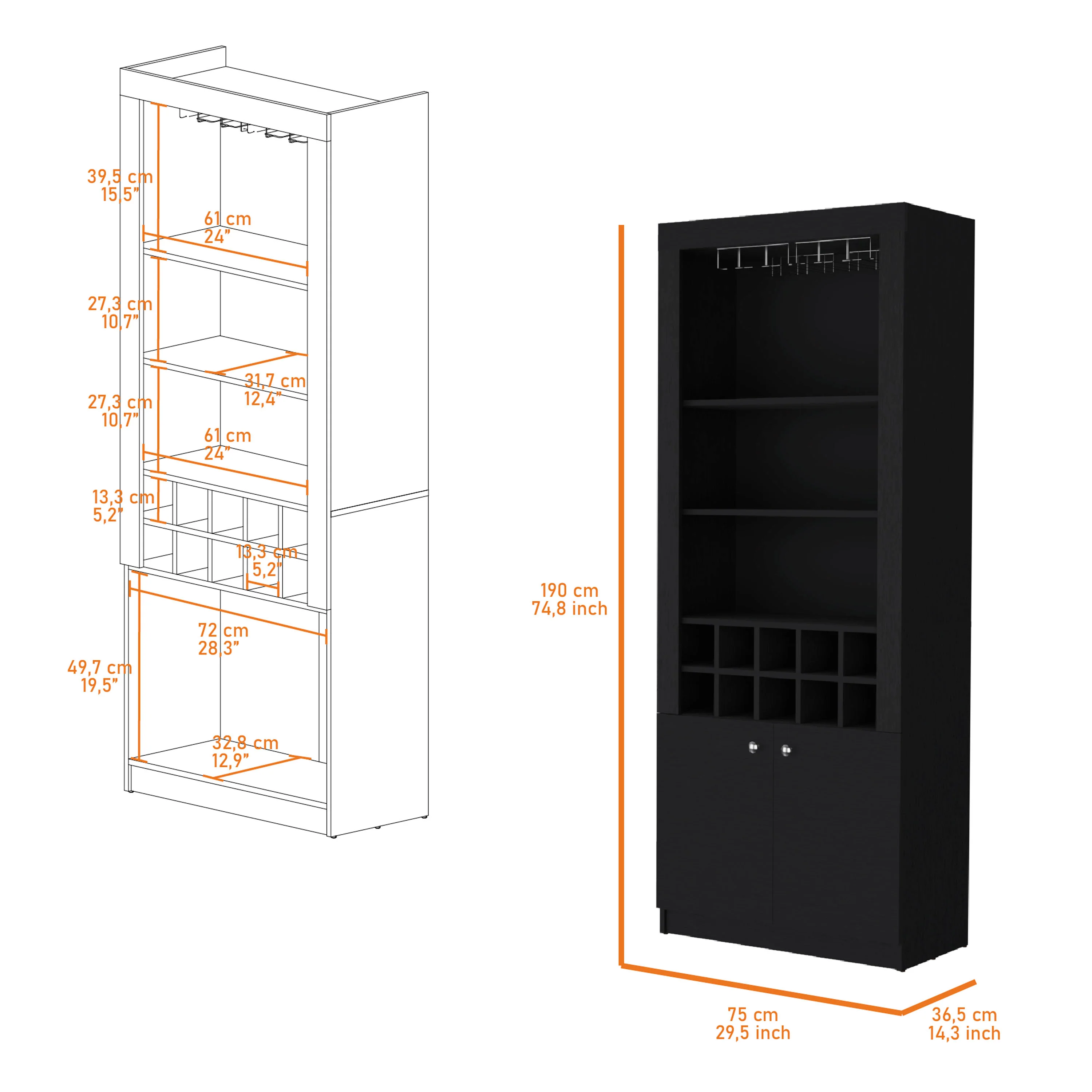 Black Bar Cabinet with Wine Storage and Three Shelves