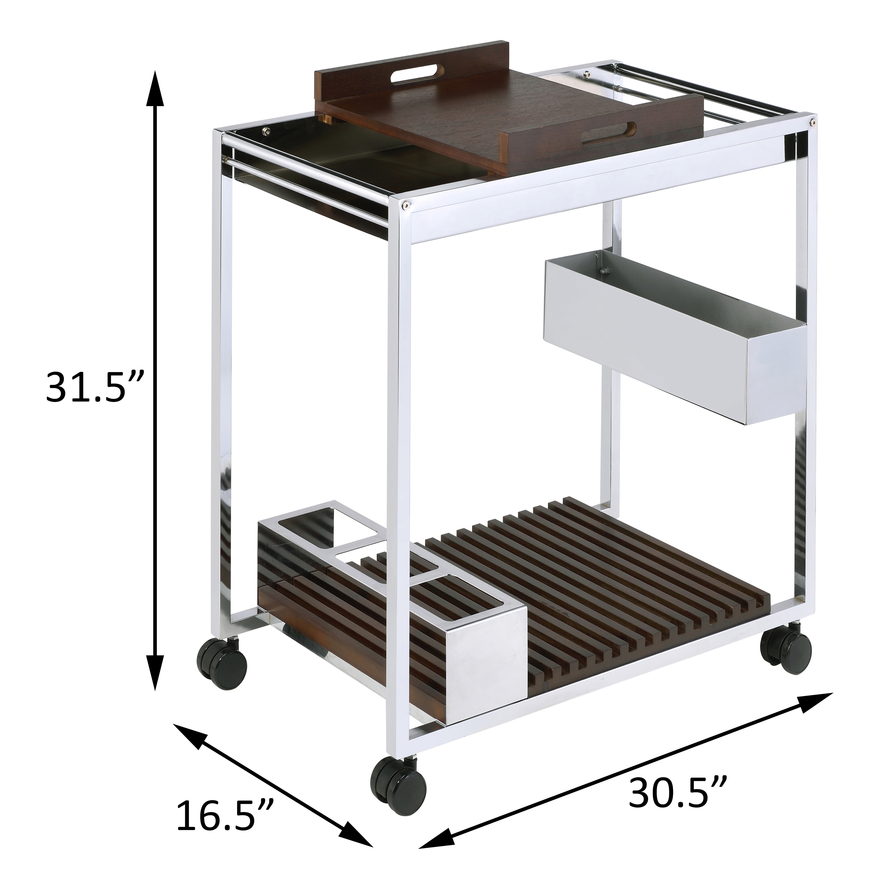 Chrome and Brown Serving Cart with Stemware Shelf