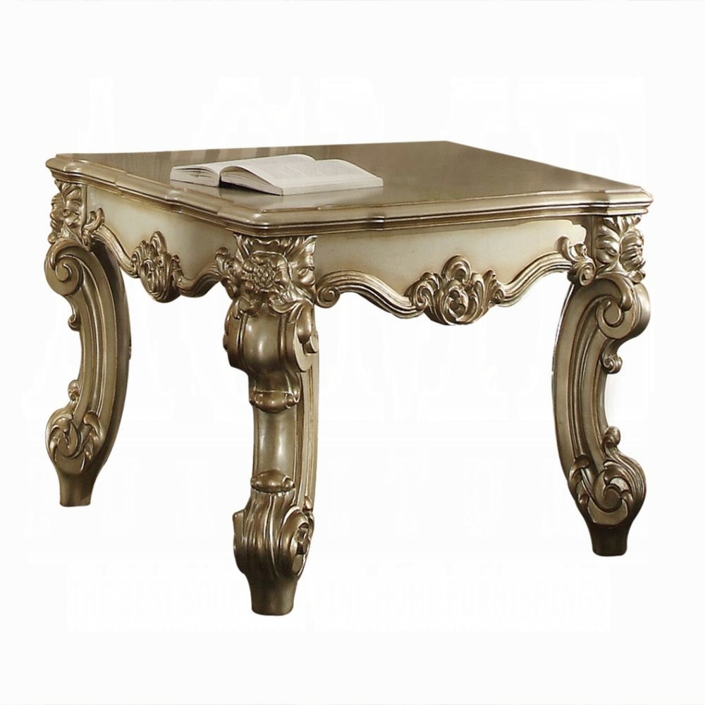 Gold Patina and Bone End Table with Scrolled Leg