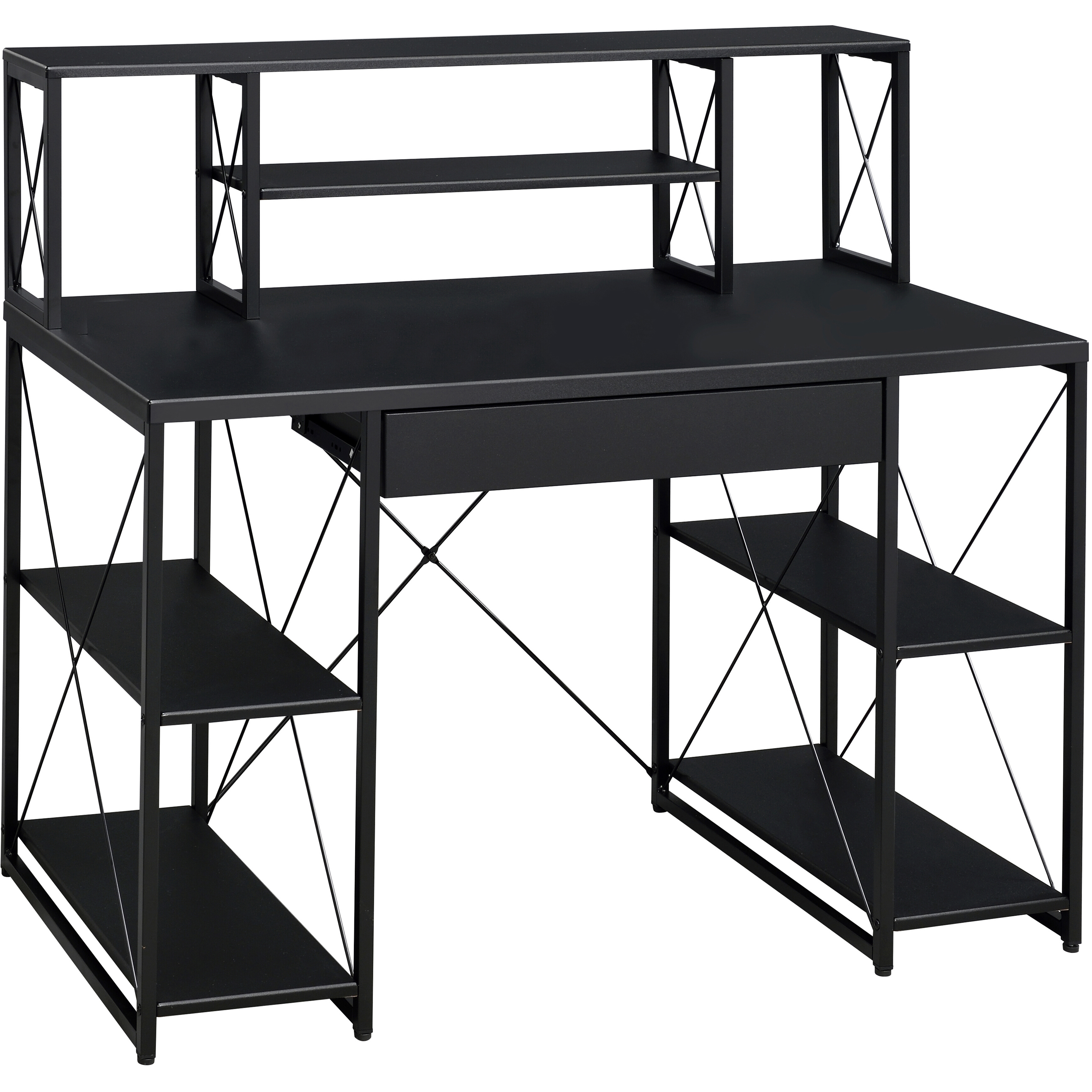 Black Office Desk with Open Shelves and Hutch