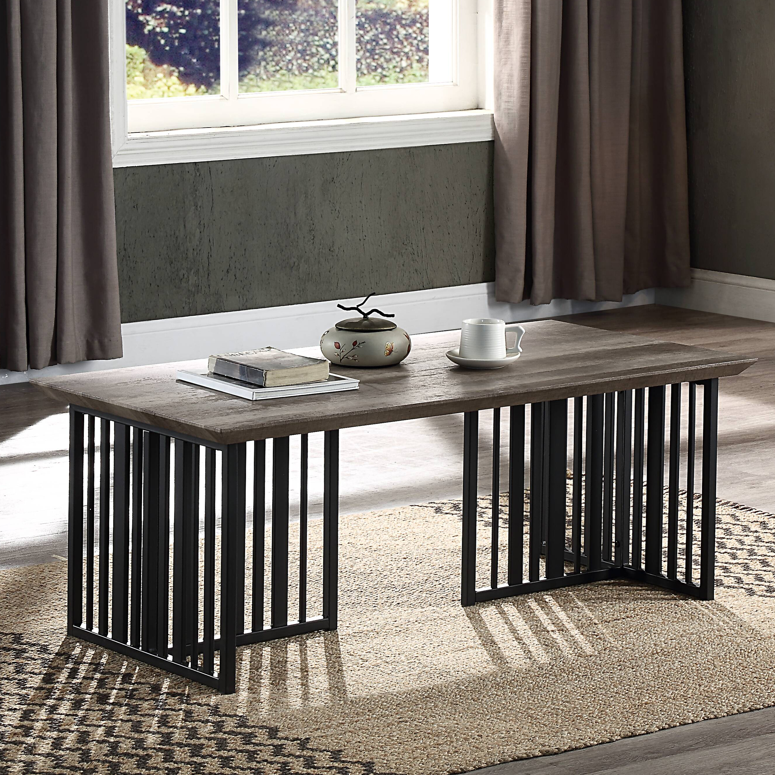 Antique Oak and Black Coffee Table with Metal Base