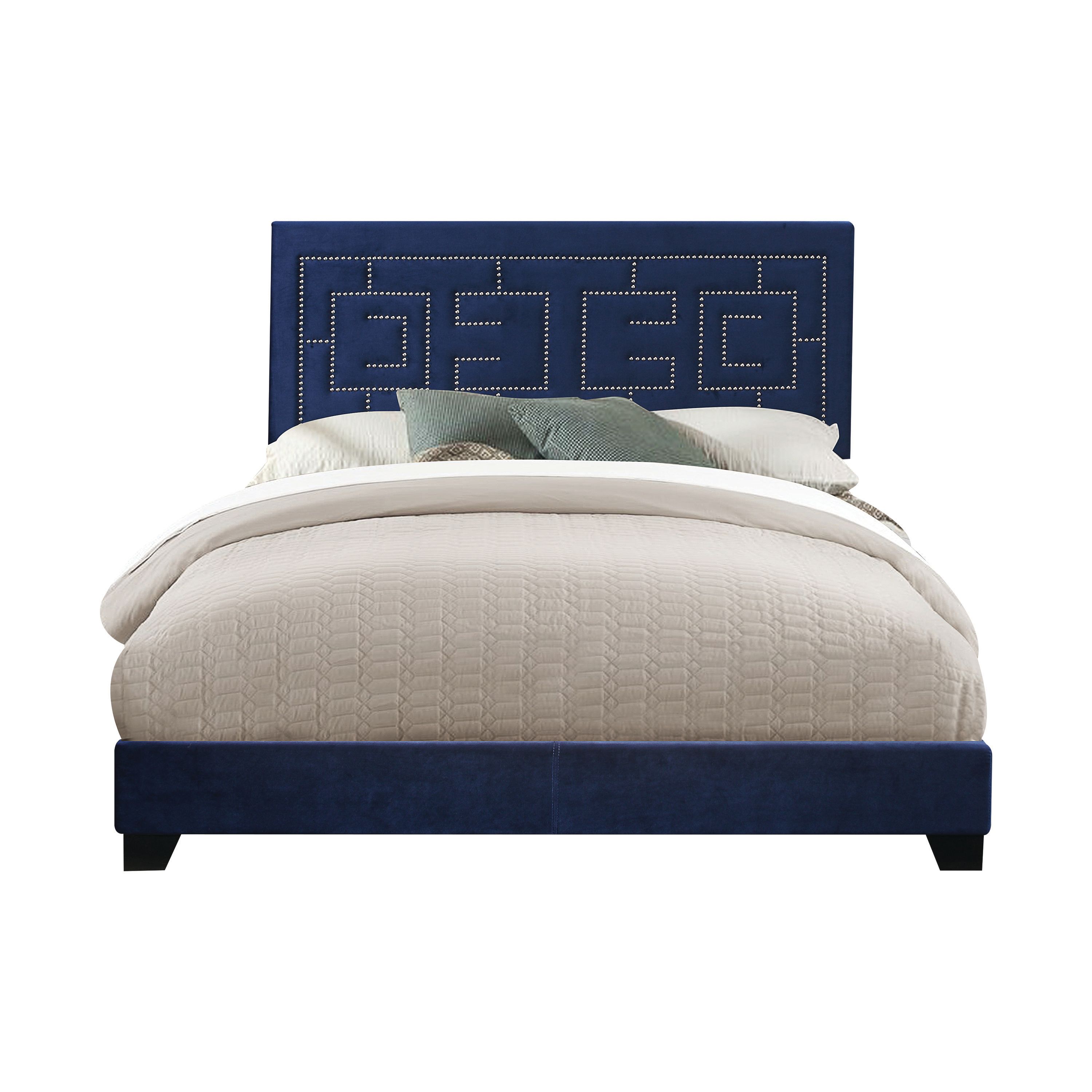 Dark Blue Eastern King Panel Bed with Nailhead Trim