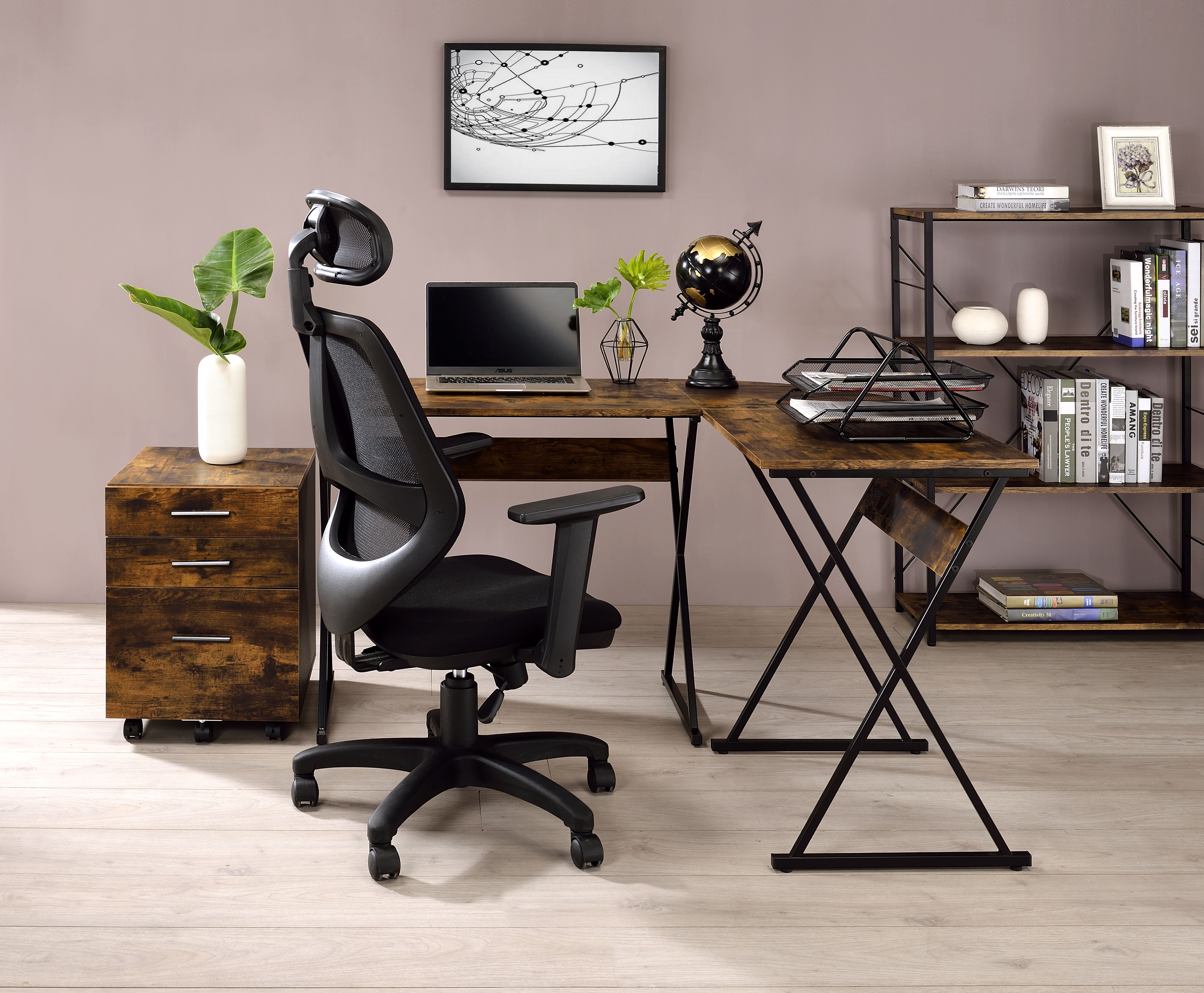 Weathered Oak and Black Writing Desk with Metal Base