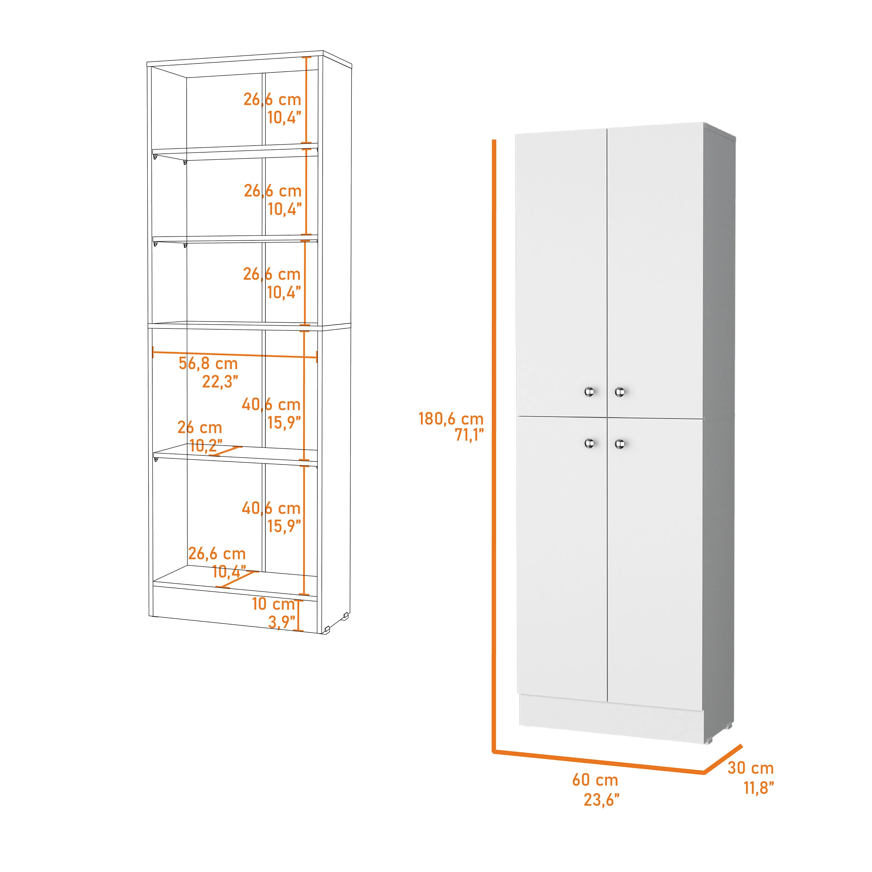 White Pantry Cabinet with 4 Doors and 5 Hidden Shelves