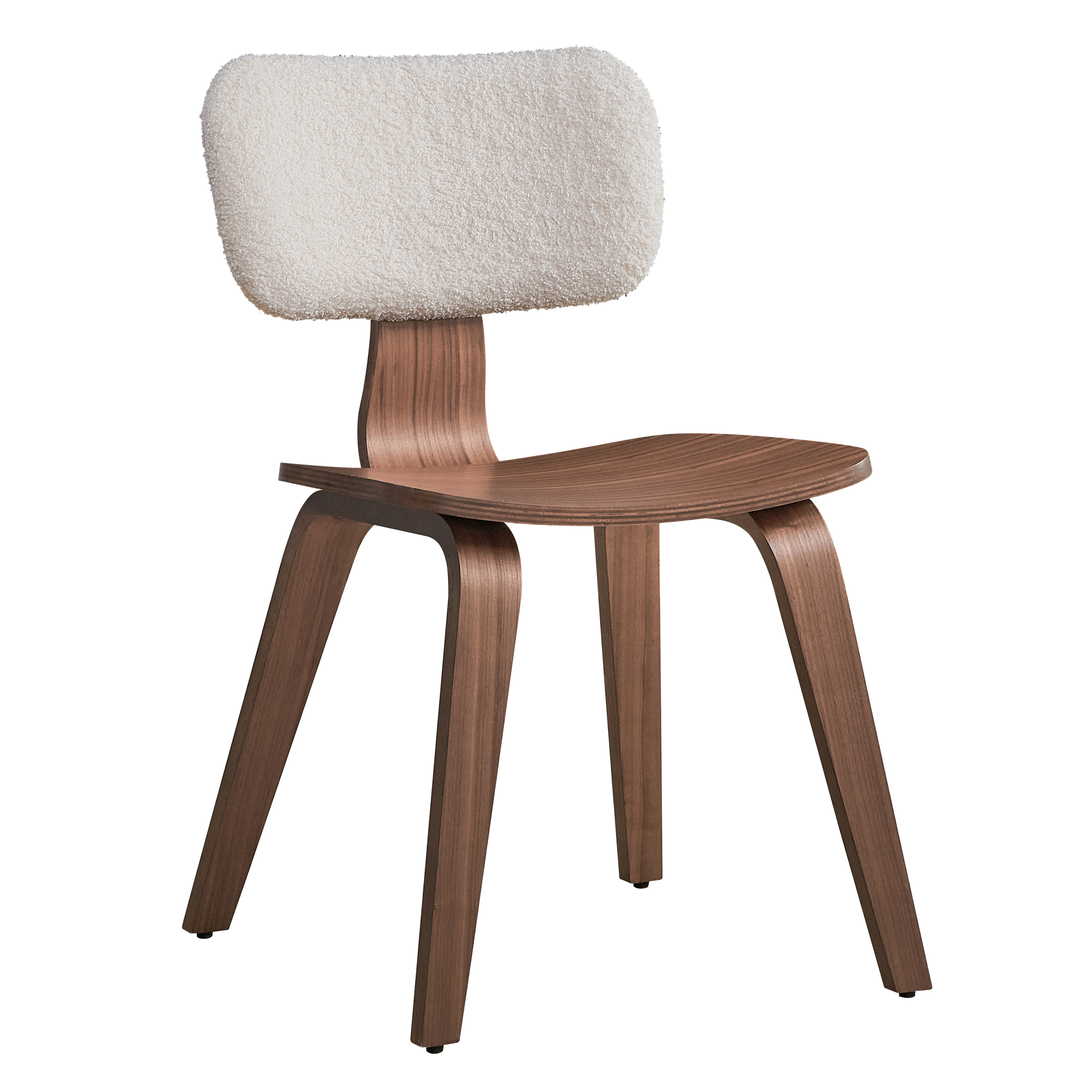 White Boucle and Walnut Side Chair with Upholstered Back (Set of 2)