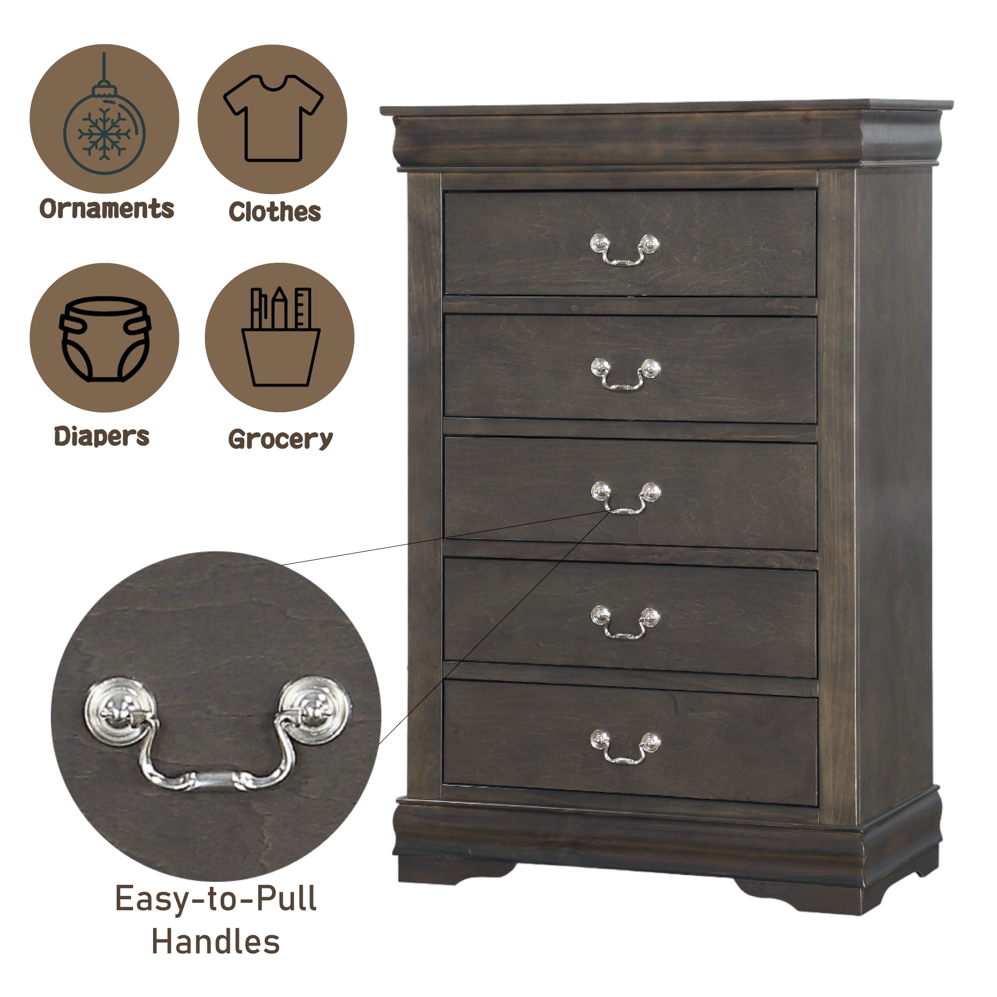 Dark Grey 5-Drawer Chest with Metal Handles