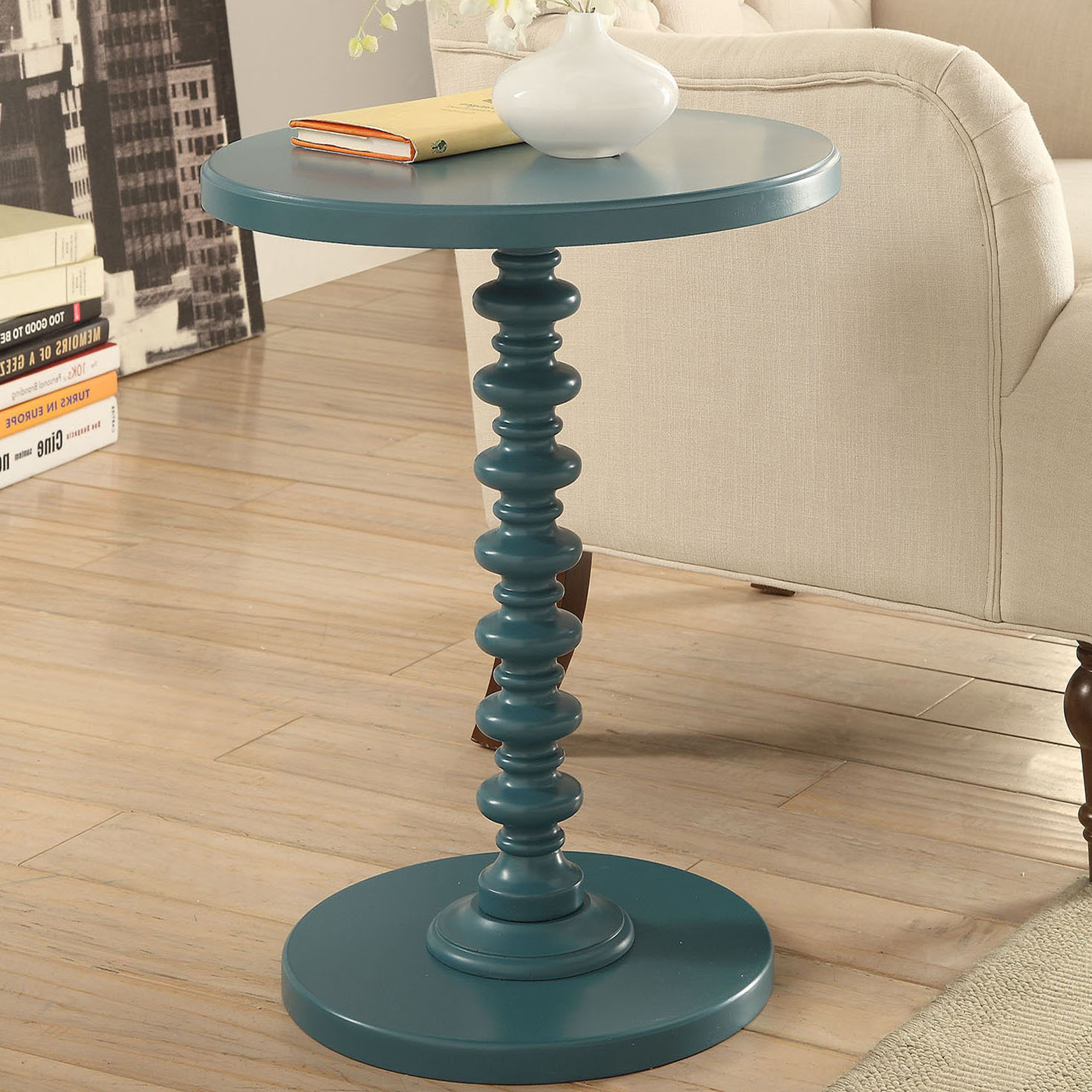 Teal Round Wooden Side Table