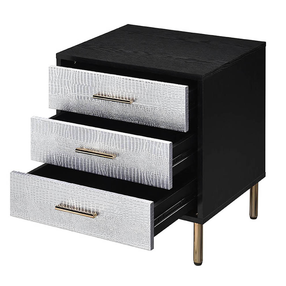 Black, Silver and Gold 3-Drawer Nightstand with Metal Leg